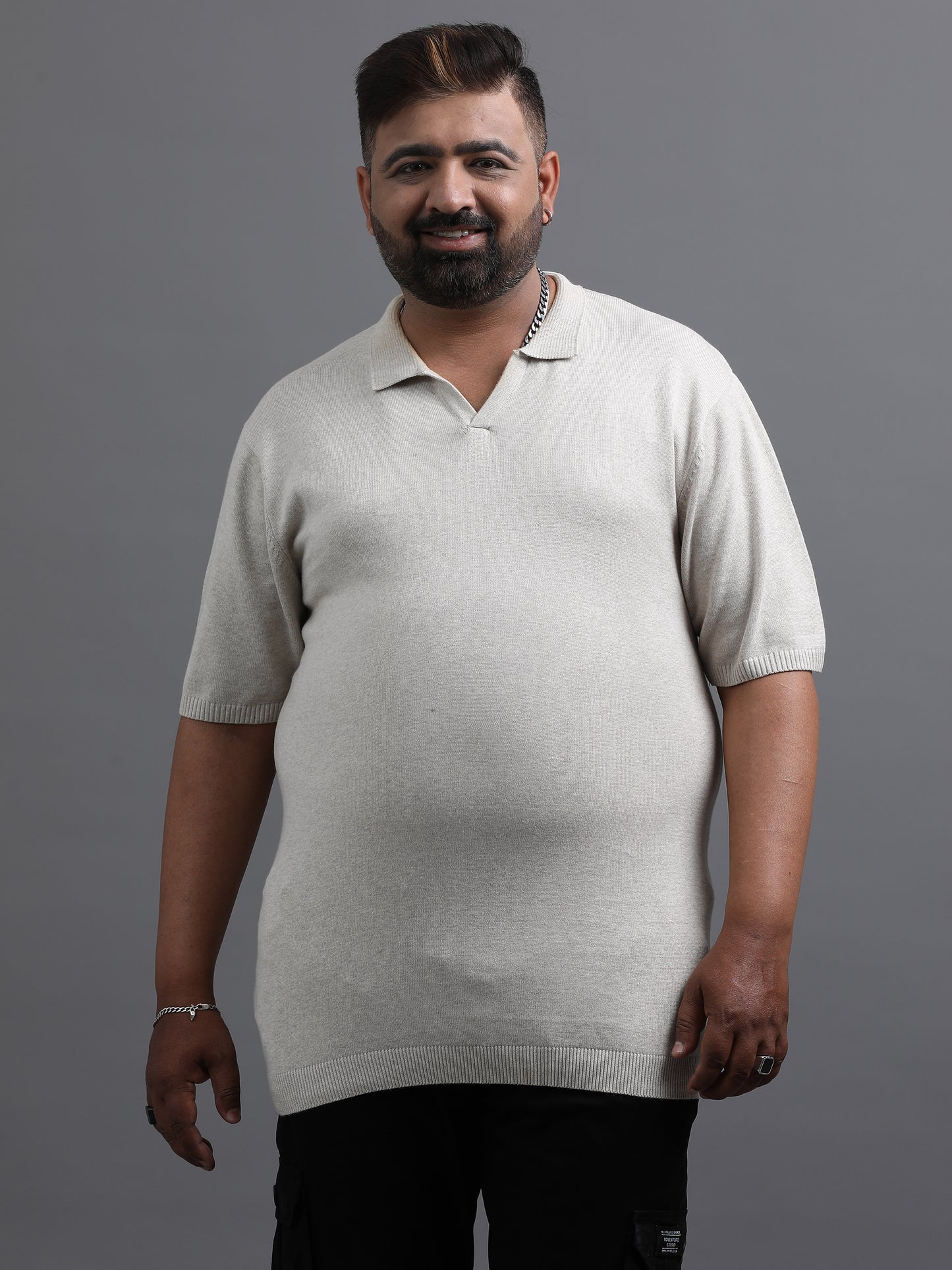 Light Beige Knitted Half Sleeve Cotton Polo T-Shirt
