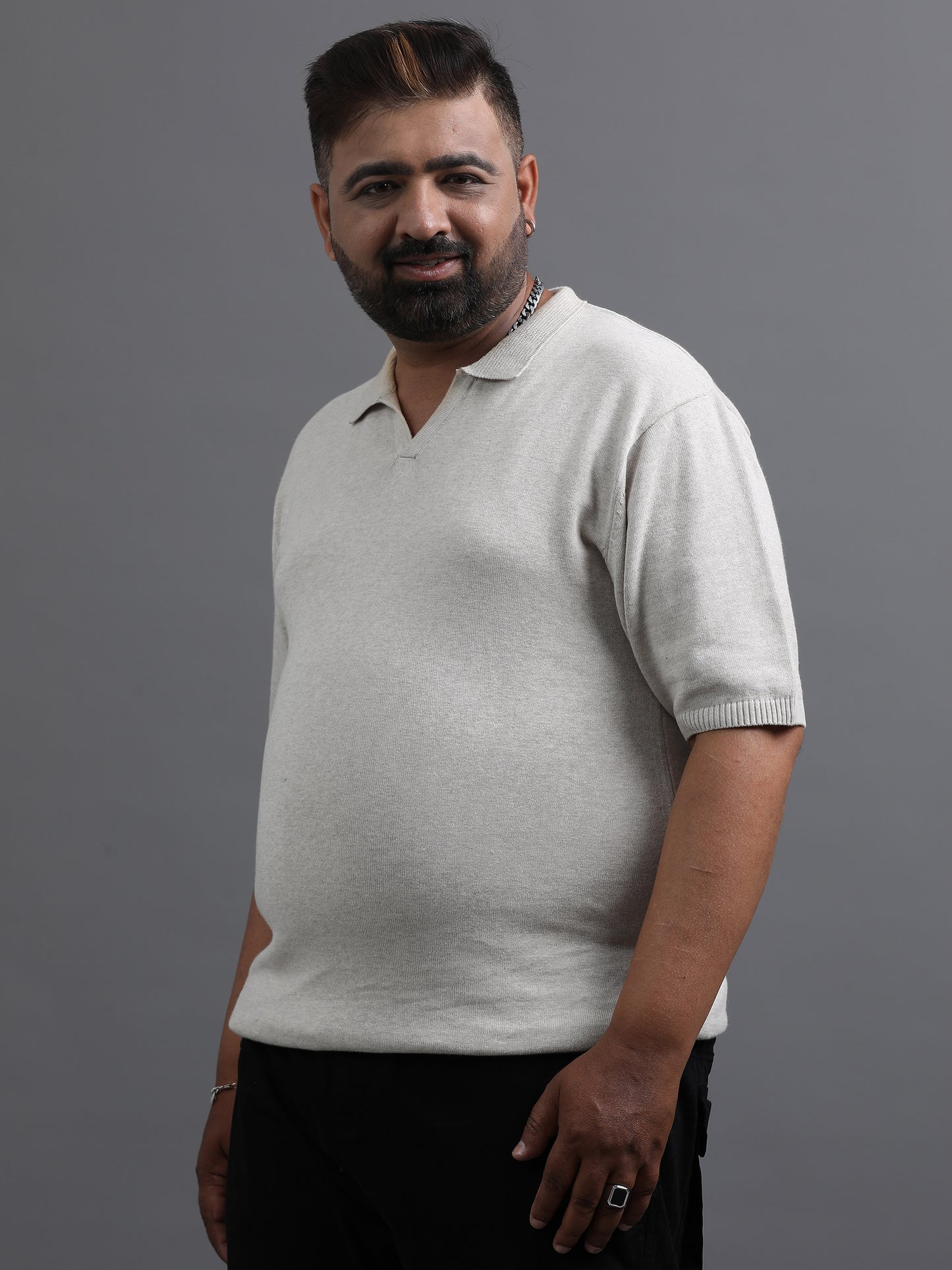 Light Beige Knitted Half Sleeve Cotton Polo T-Shirt