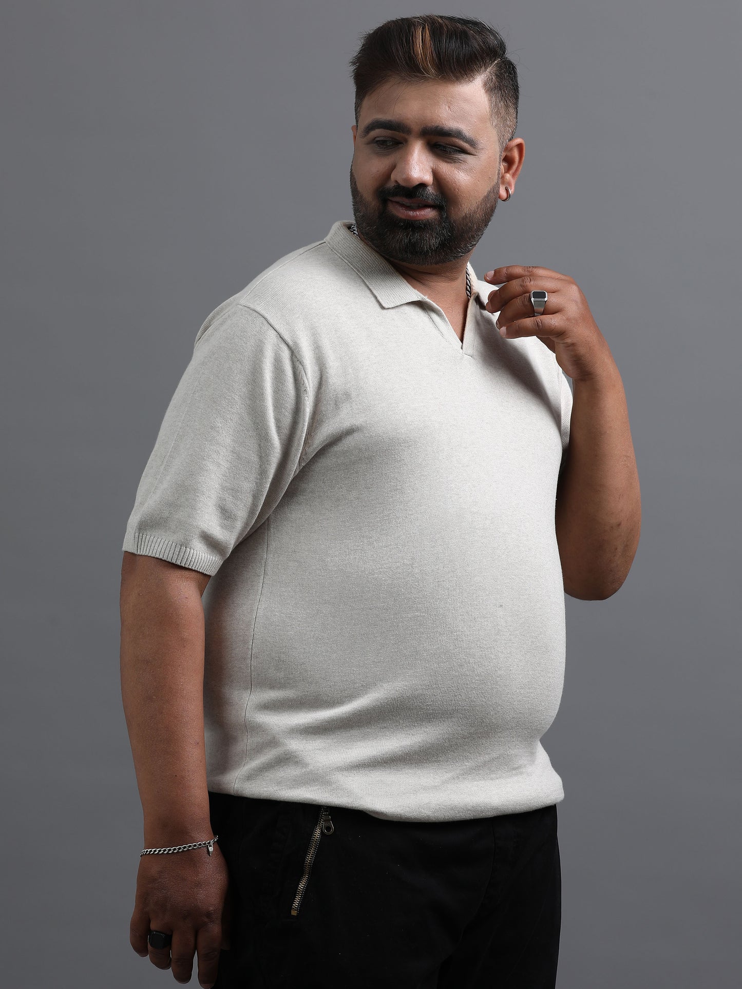 Light Beige Knitted Half Sleeve Cotton Polo T-Shirt
