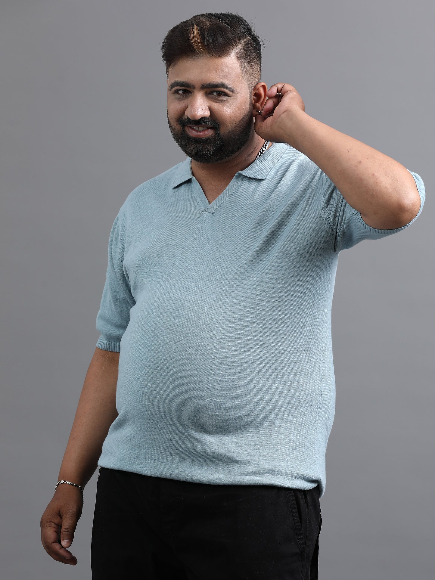 Light Sky Blue Knitted Half Sleeve Cotton Polo T-Shirt