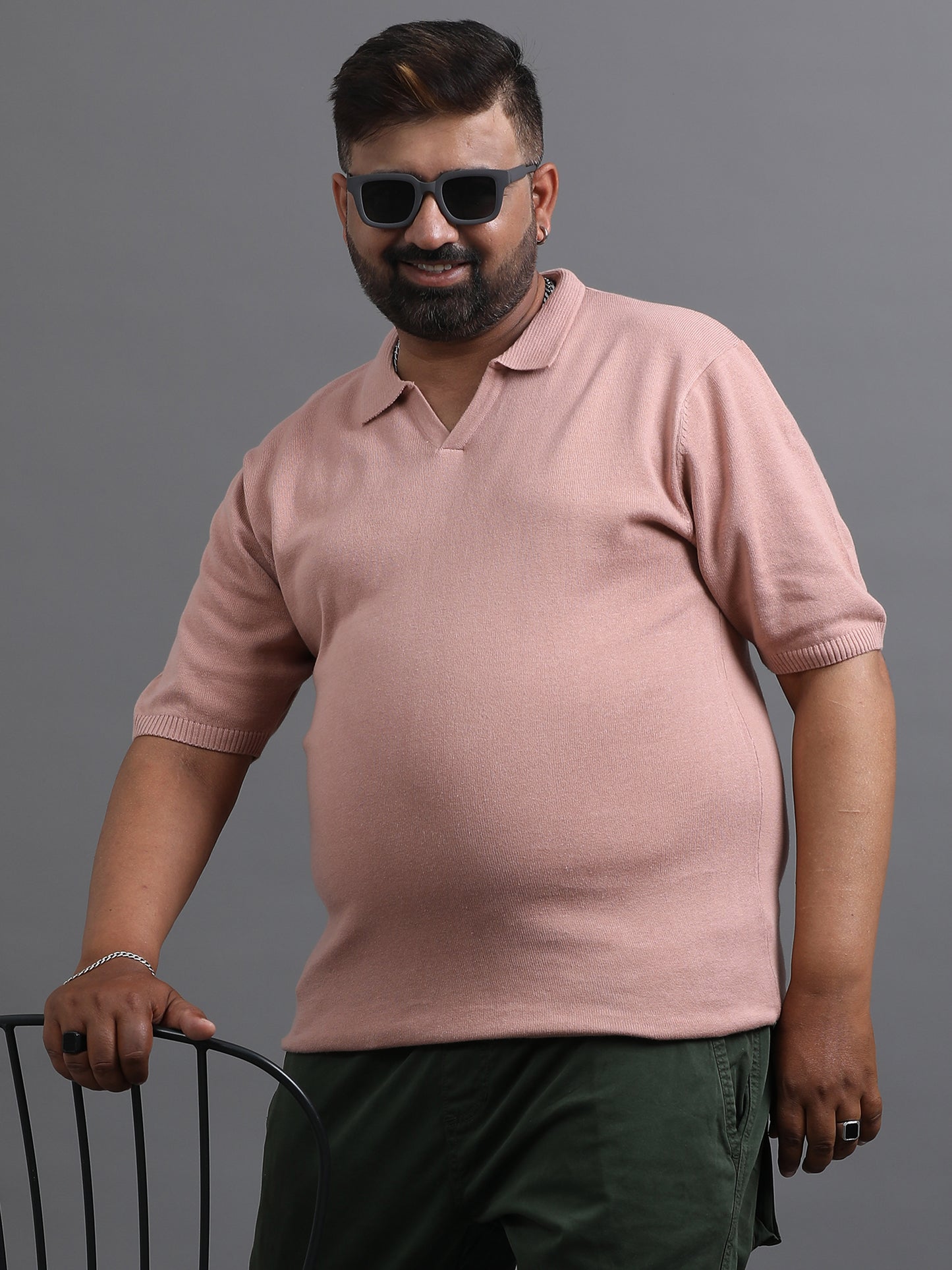 Light Pink Knitted Half Sleeve Cotton Polo T-Shirt