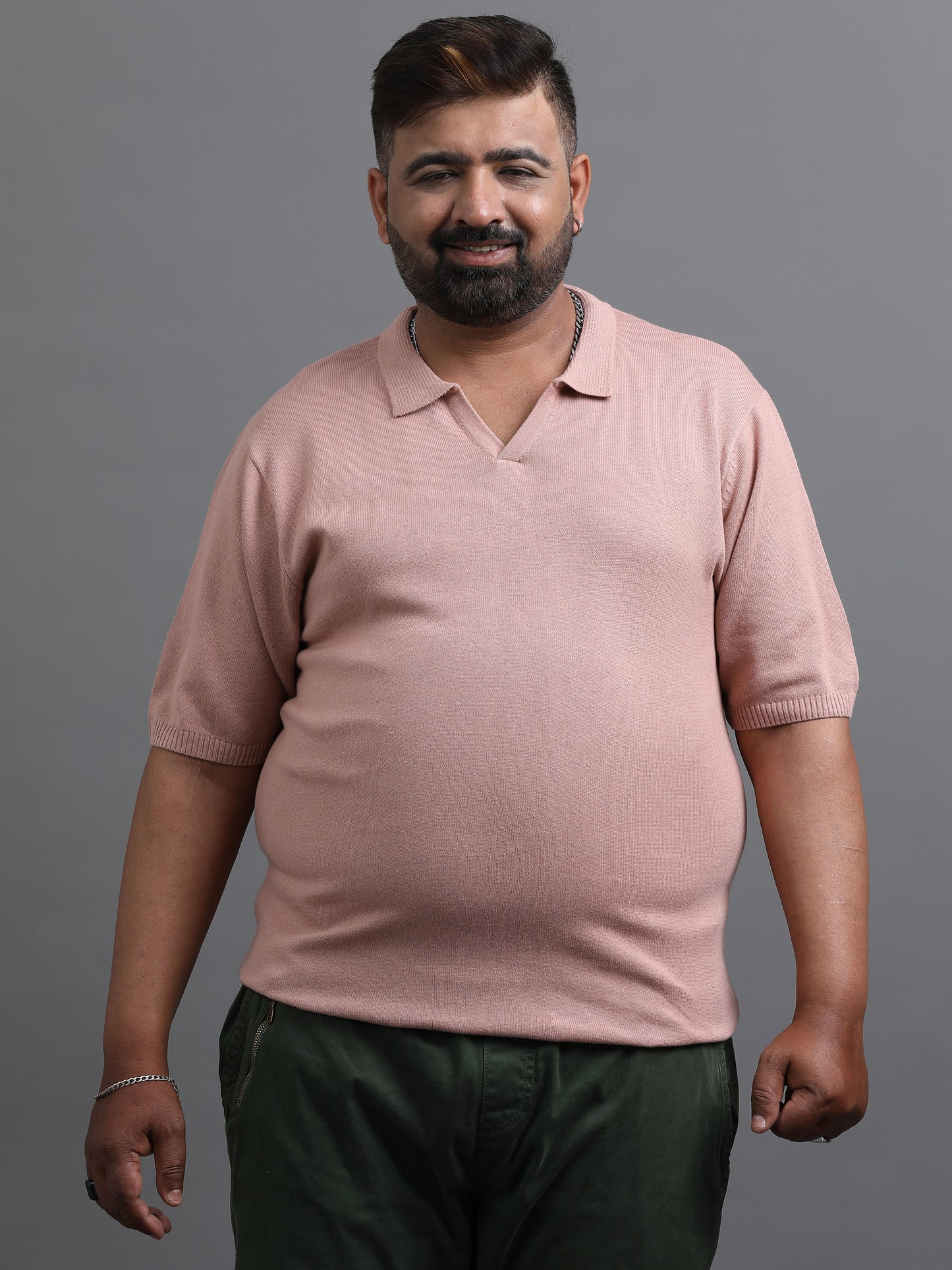 Light Pink Knitted Half Sleeve Cotton Polo T-Shirt