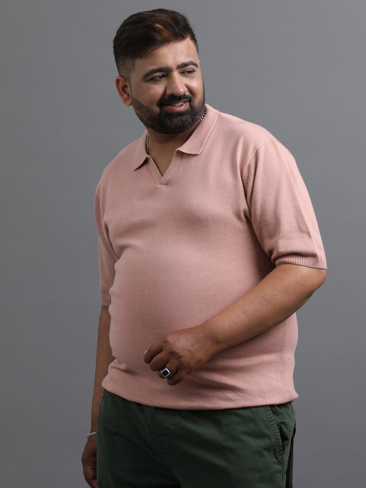 Light Pink Knitted Half Sleeve Cotton Polo T-Shirt