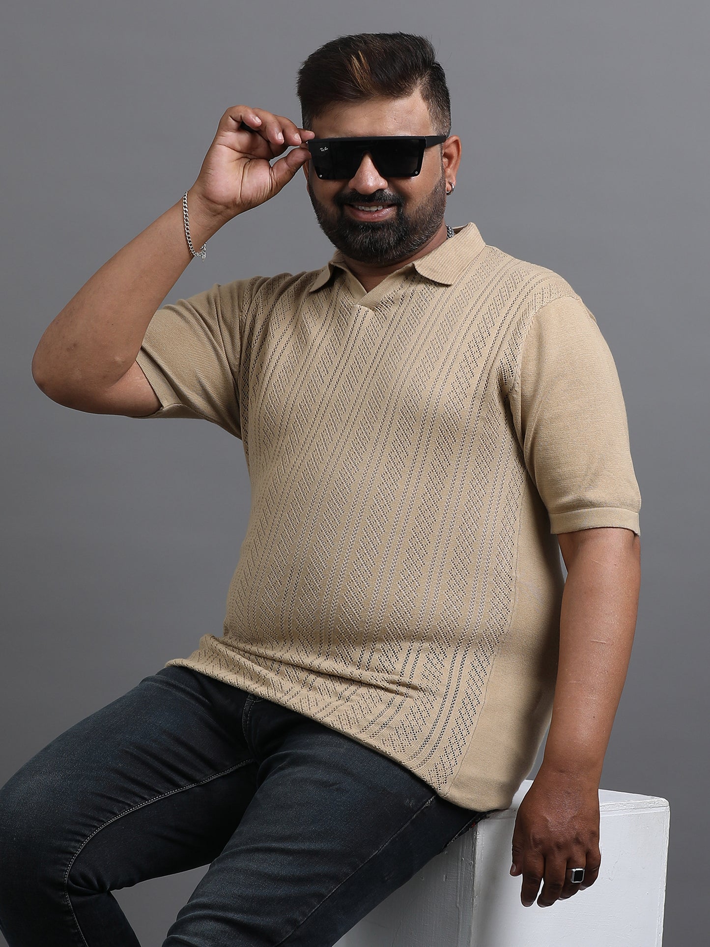Beige Knitted Half Sleeve Cotton Polo T-Shirts