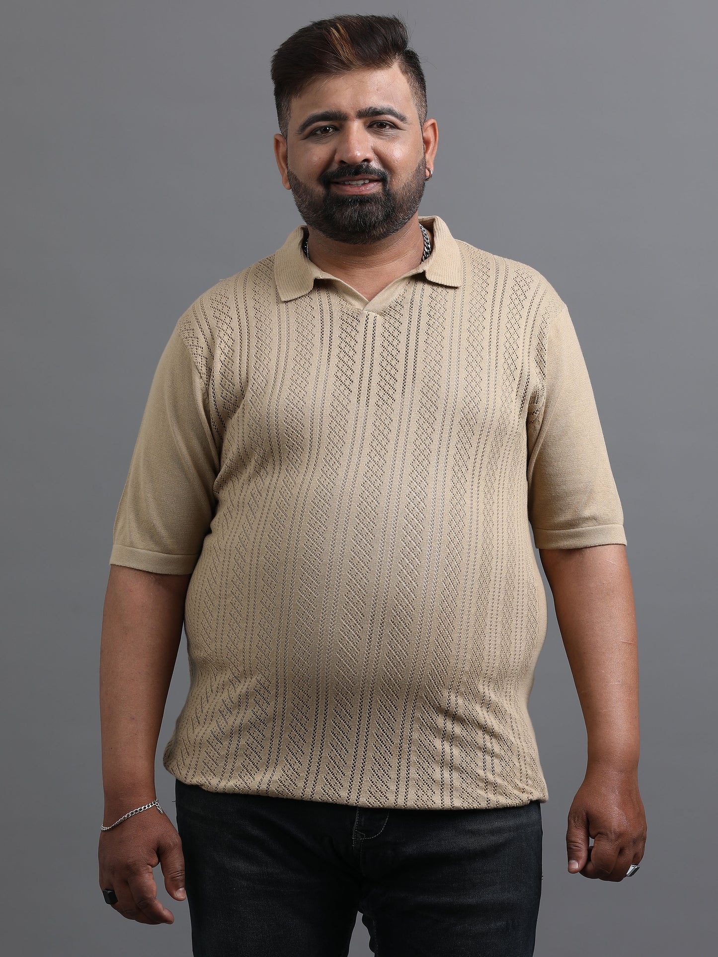 Beige Knitted Half Sleeve Cotton Polo T-Shirts