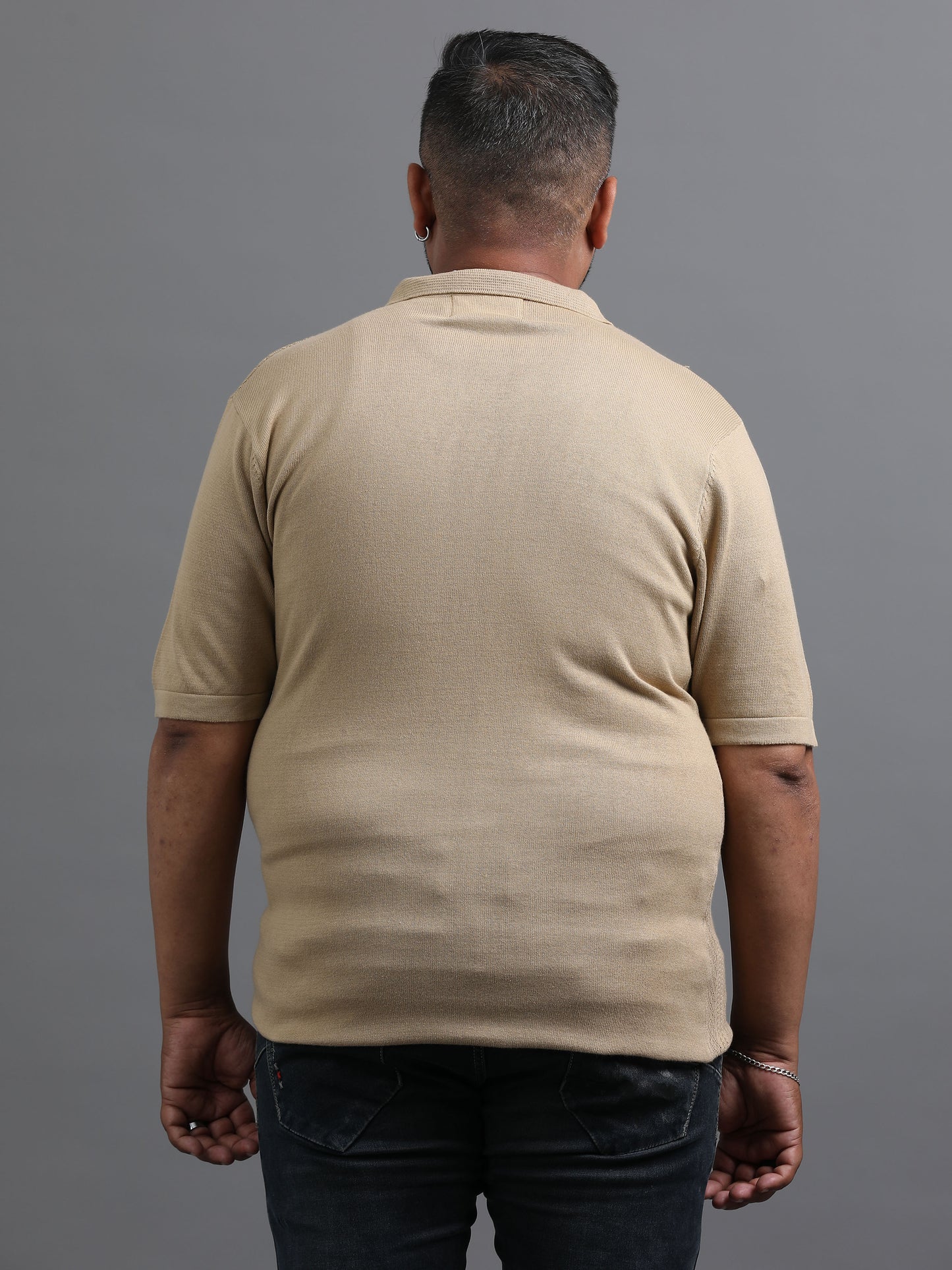 Beige Knitted Half Sleeve Cotton Polo T-Shirts
