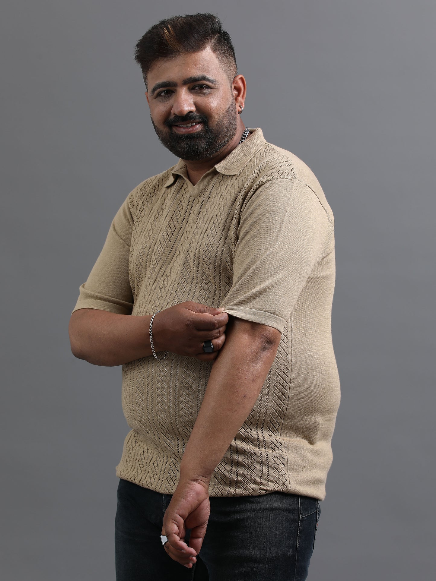 Beige Knitted Half Sleeve Cotton Polo T-Shirts