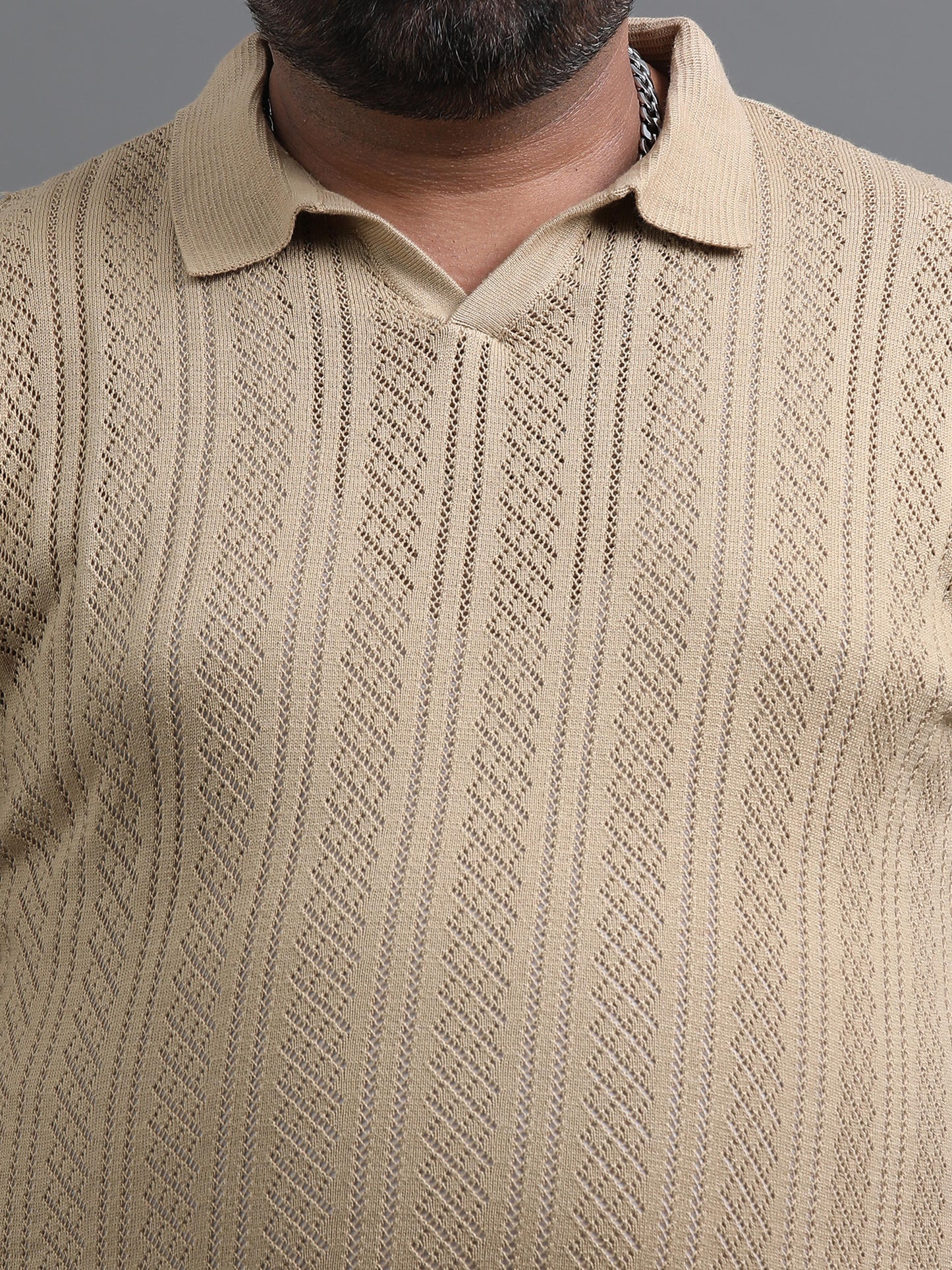 Beige Knitted Half Sleeve Cotton Polo T-Shirts