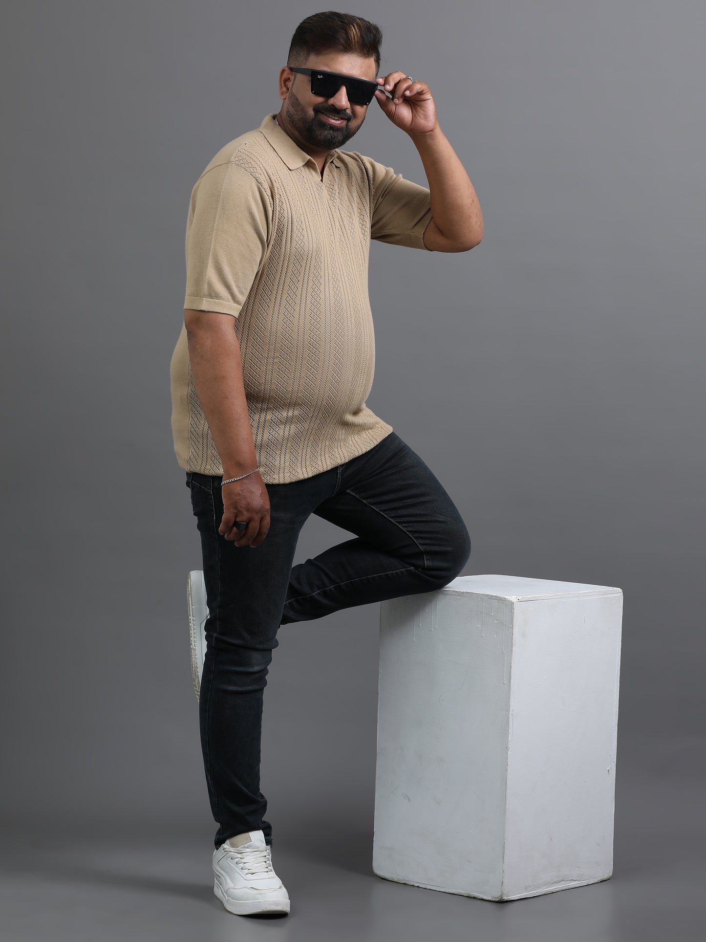 Beige Knitted Half Sleeve Cotton Polo T-Shirts