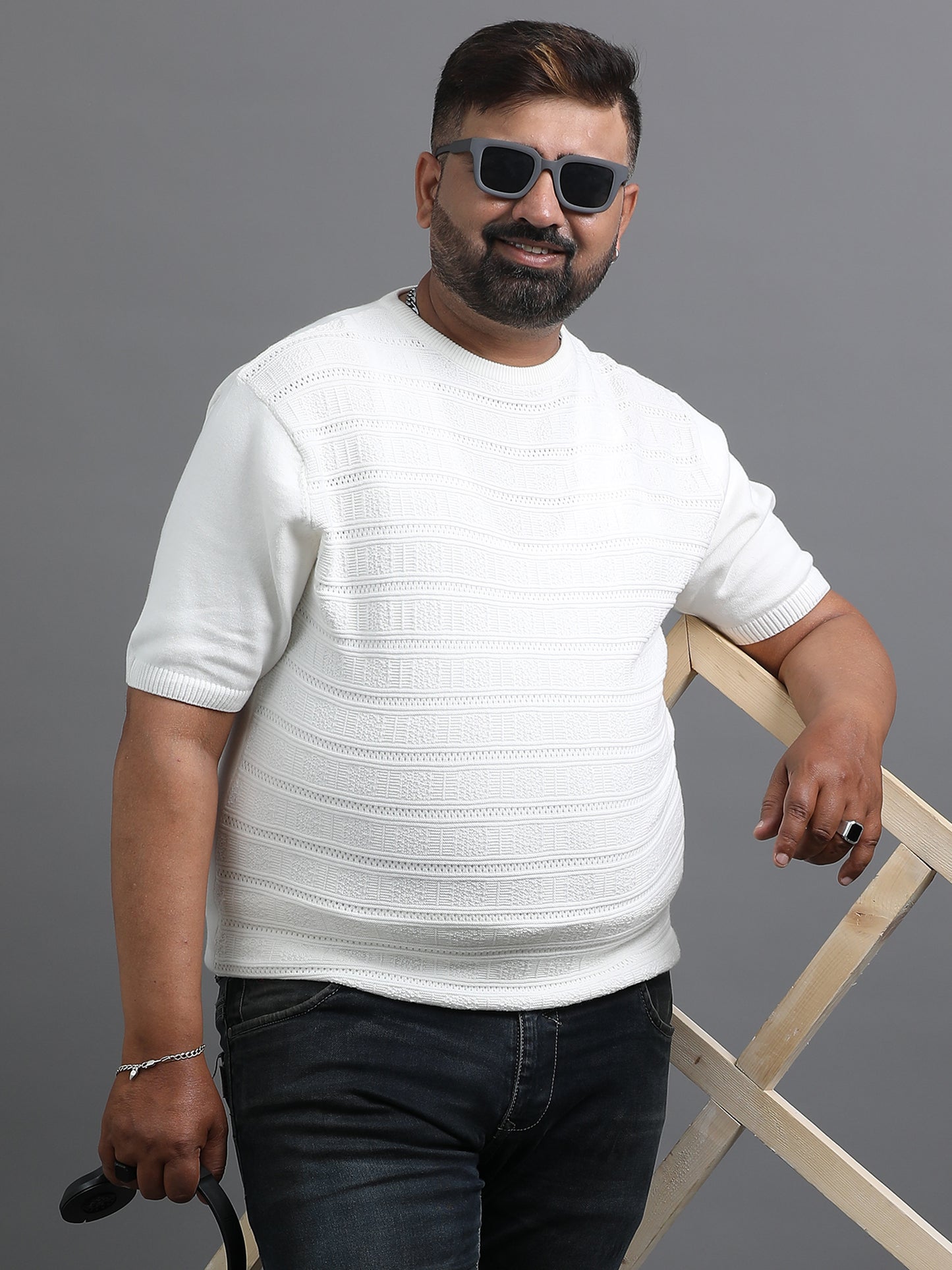 White Stripe Knitted Half Sleeve Cotton T-Shirts