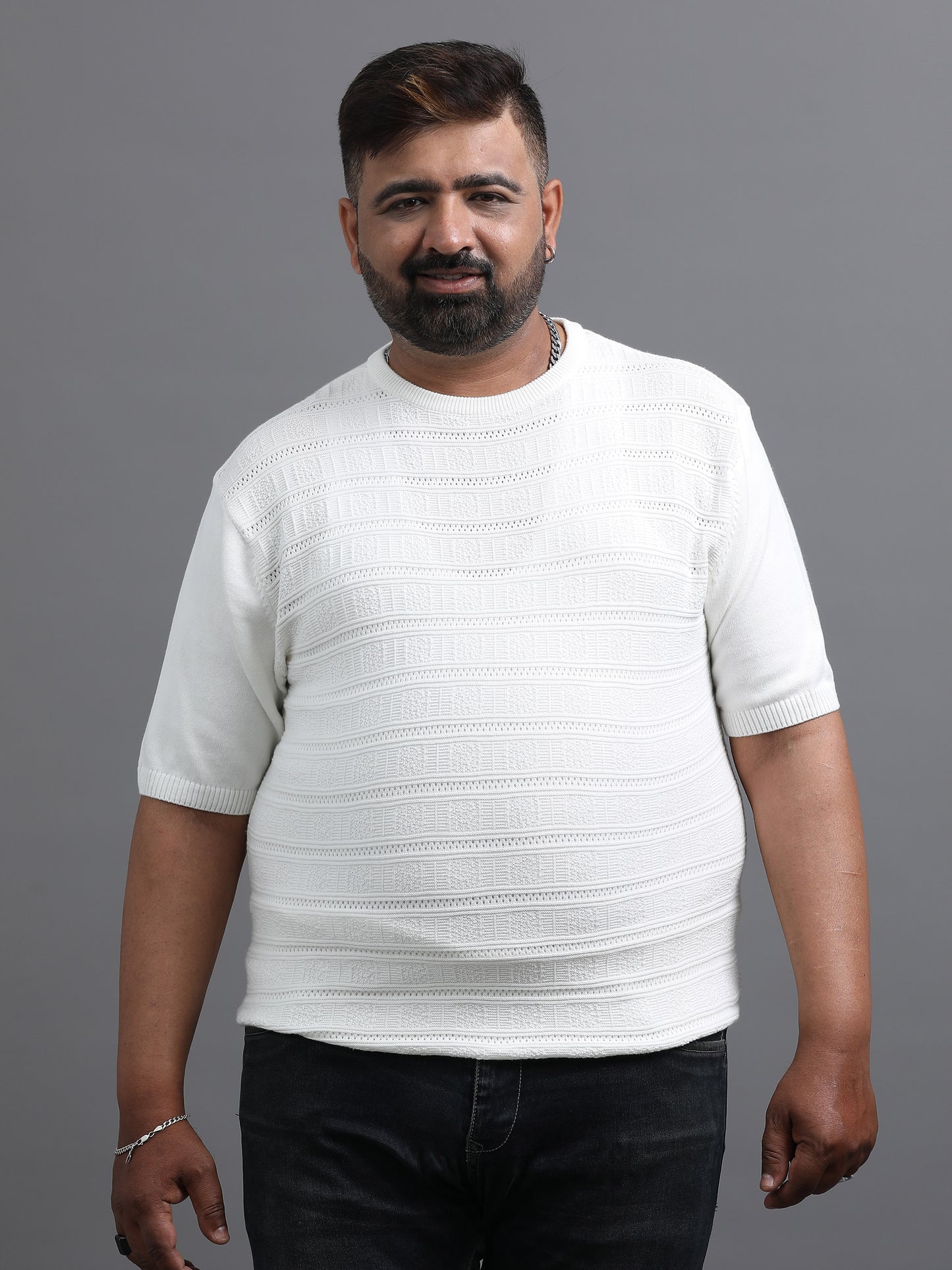 White Stripe Knitted Half Sleeve Cotton T-Shirts