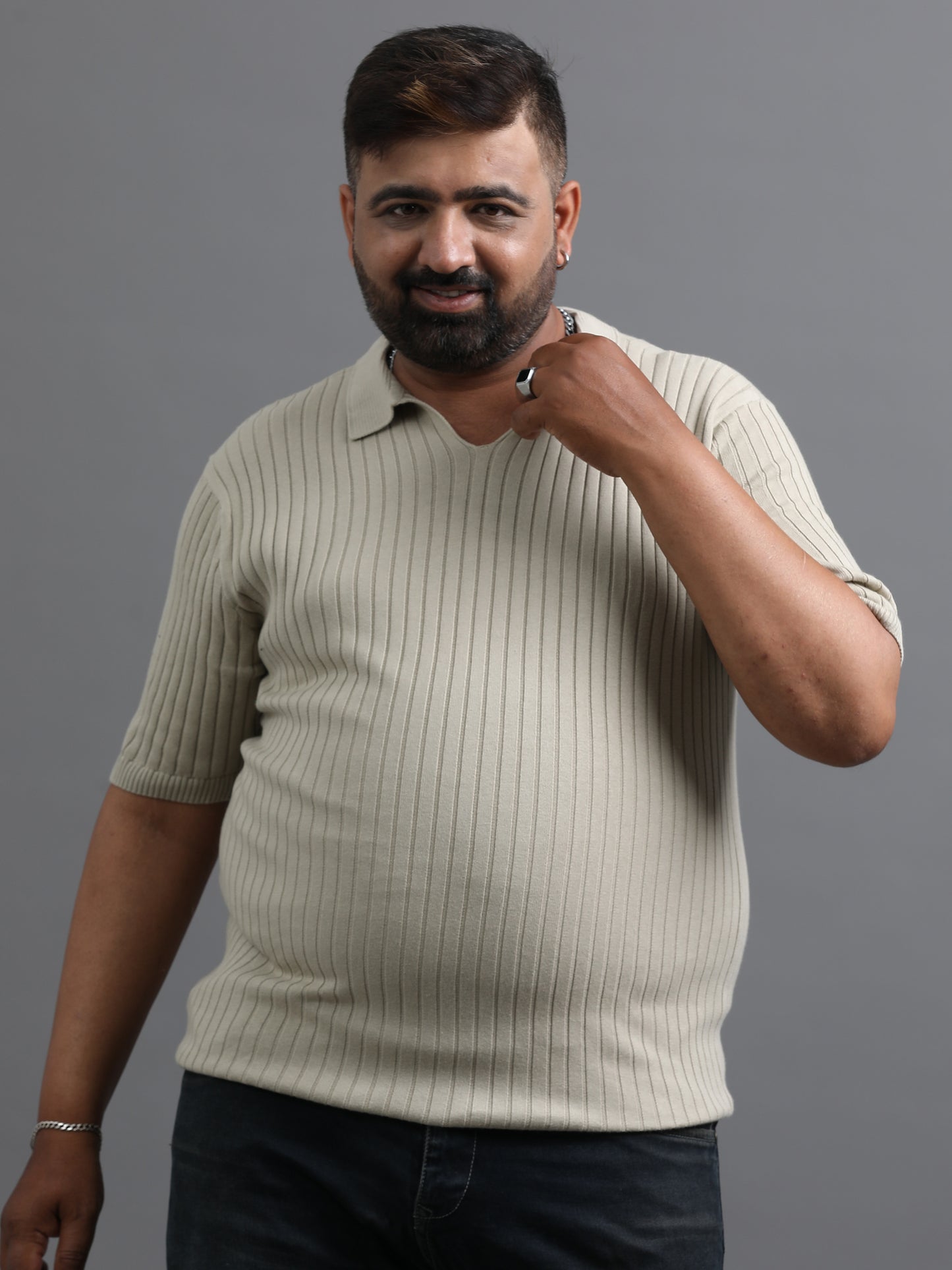 Light Grey Knitted Half Sleeve Cotton Polo T-Shirt
