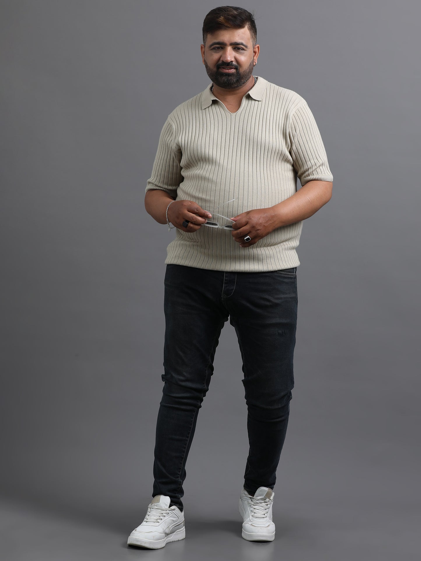 Light Grey Knitted Half Sleeve Cotton Polo T-Shirt