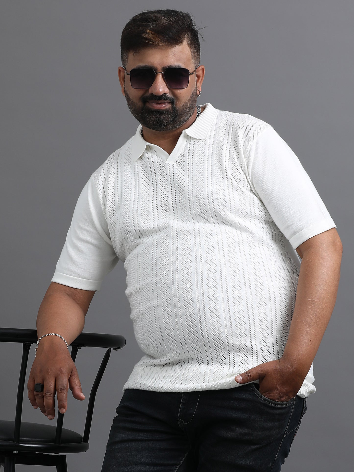 White Knitted Half Sleeve Cotton Polo T-Shirt