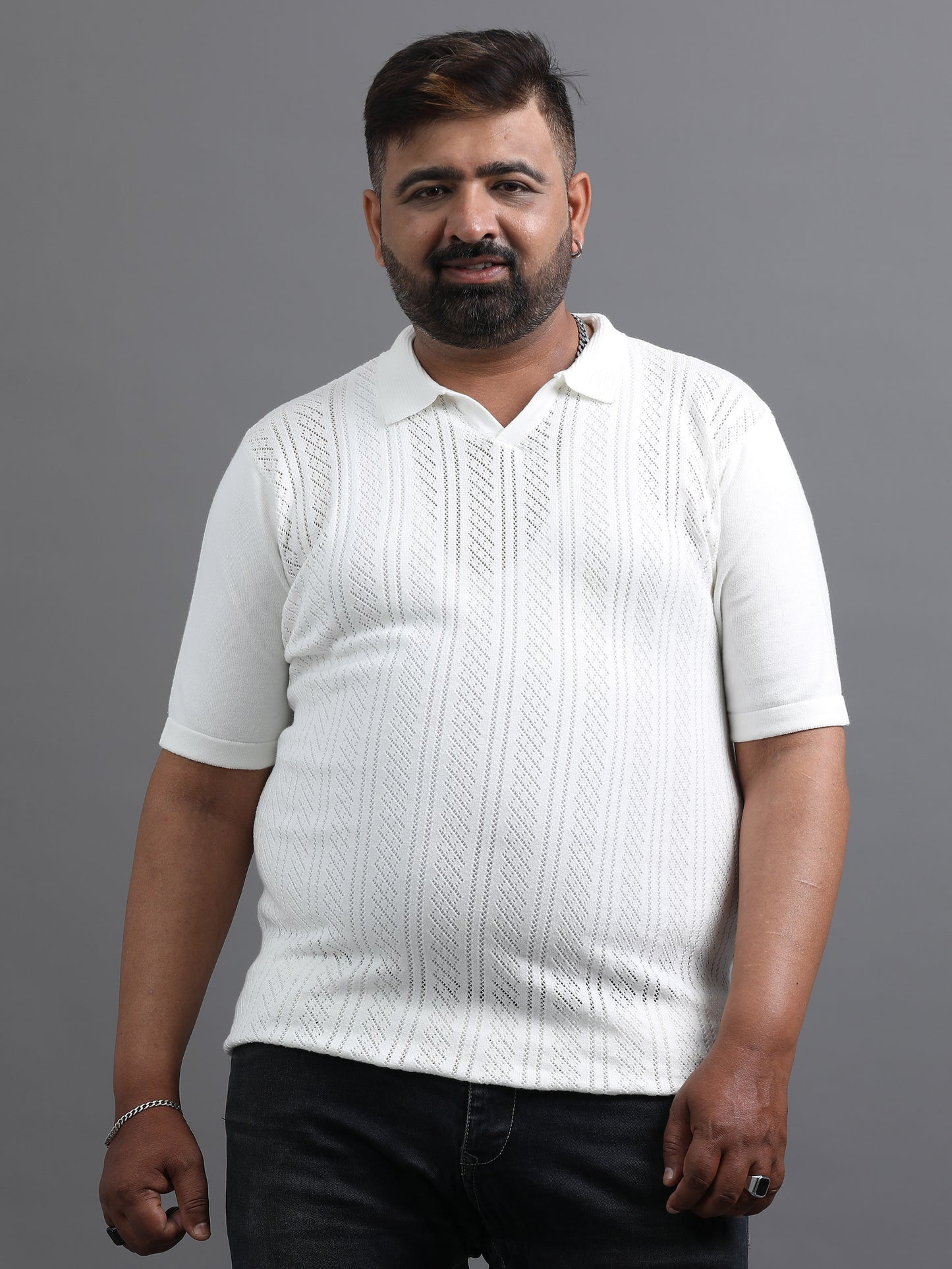 White Knitted Half Sleeve Cotton Polo T-Shirts