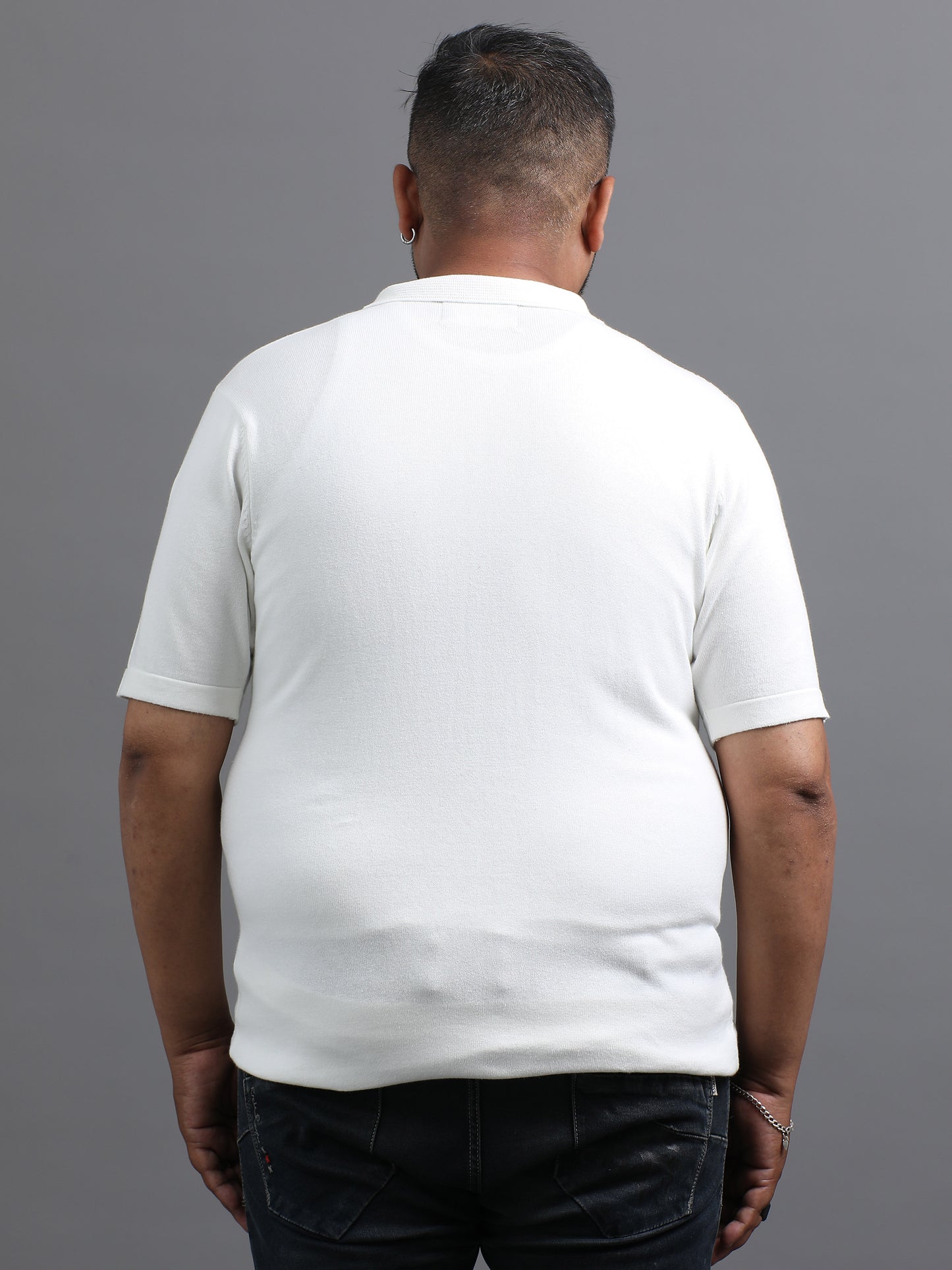 White Knitted Half Sleeve Cotton Polo T-Shirt