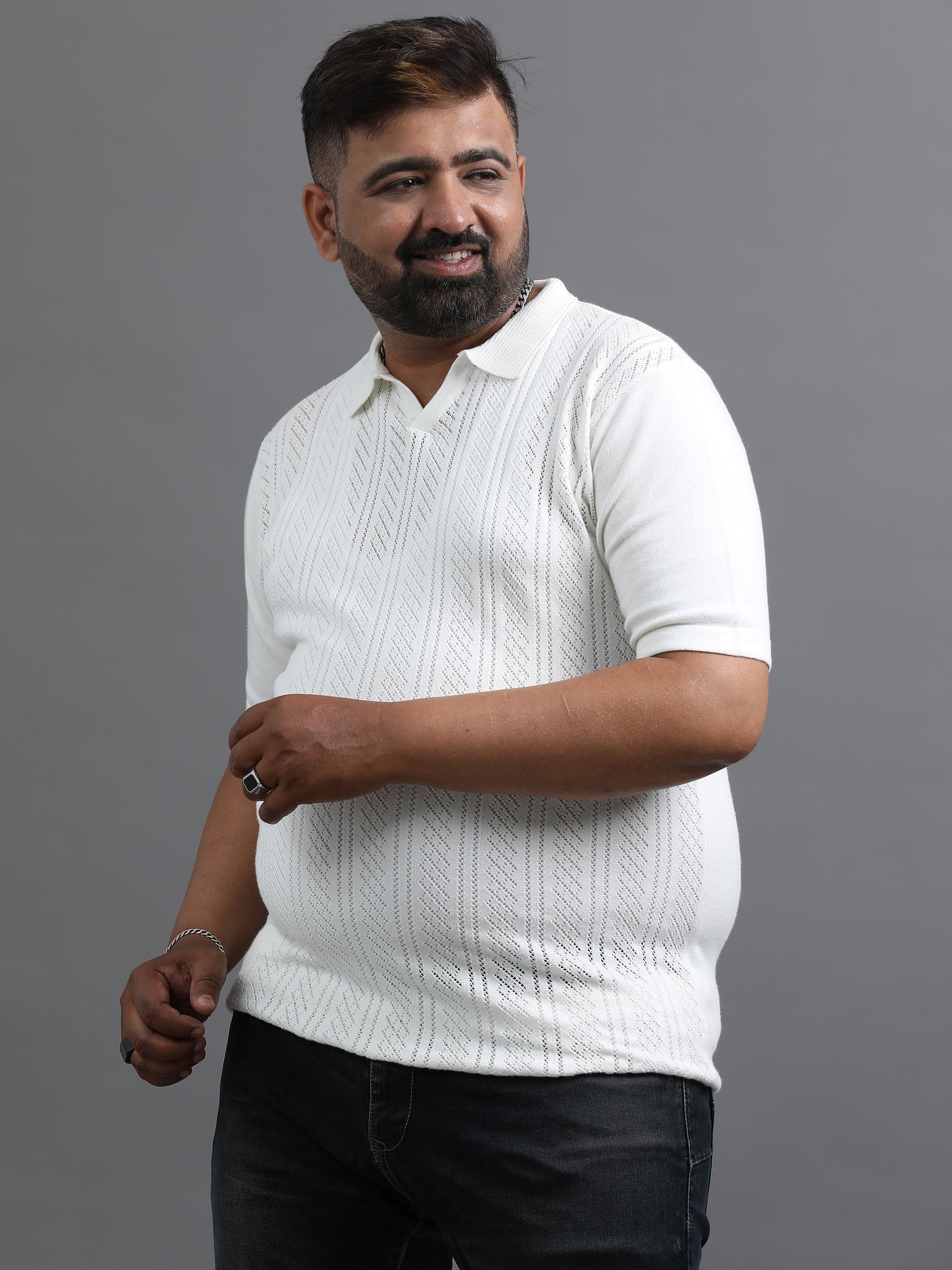 White Knitted Half Sleeve Cotton Polo T-Shirts