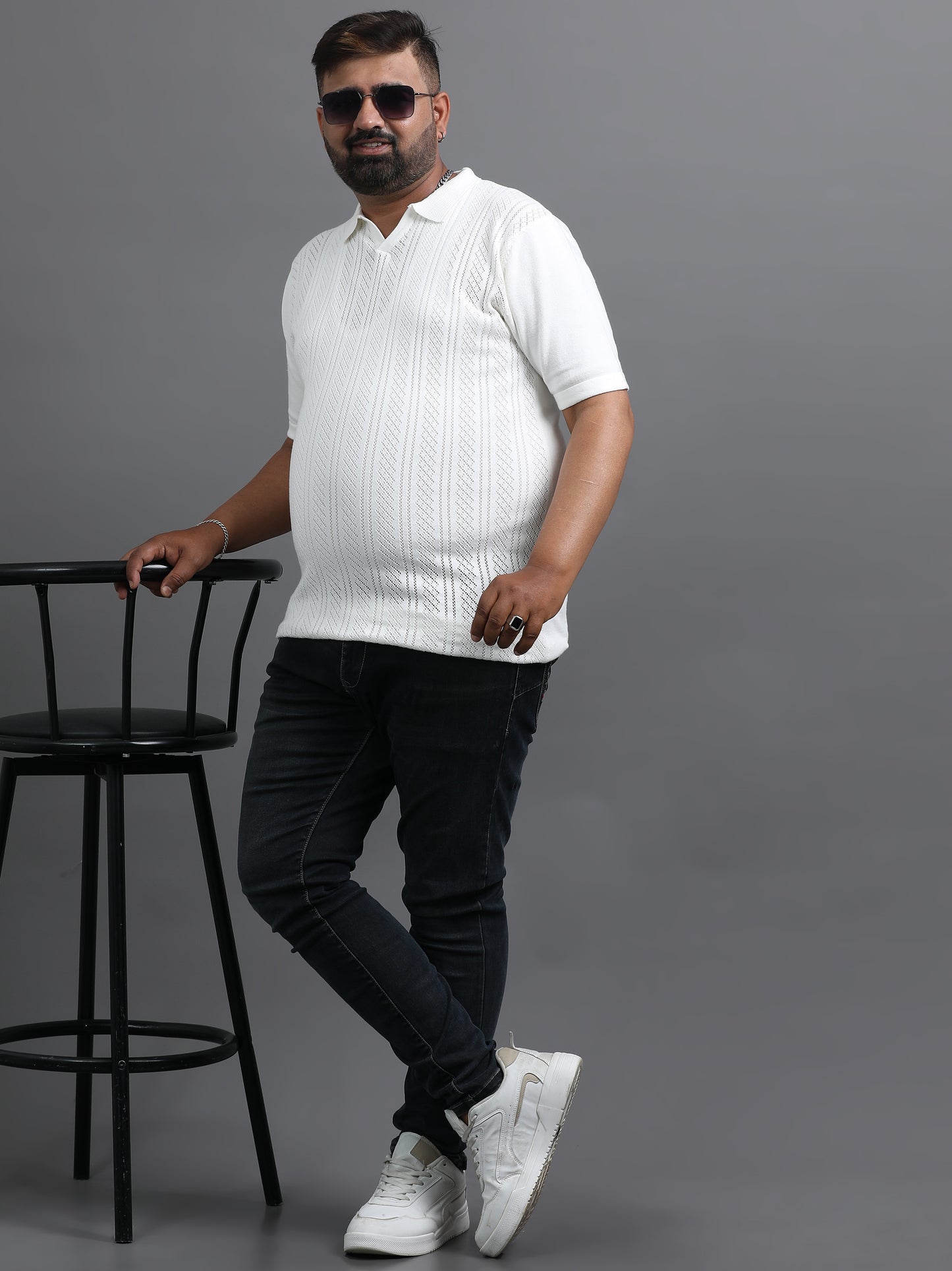 White Knitted Half Sleeve Cotton Polo T-Shirt