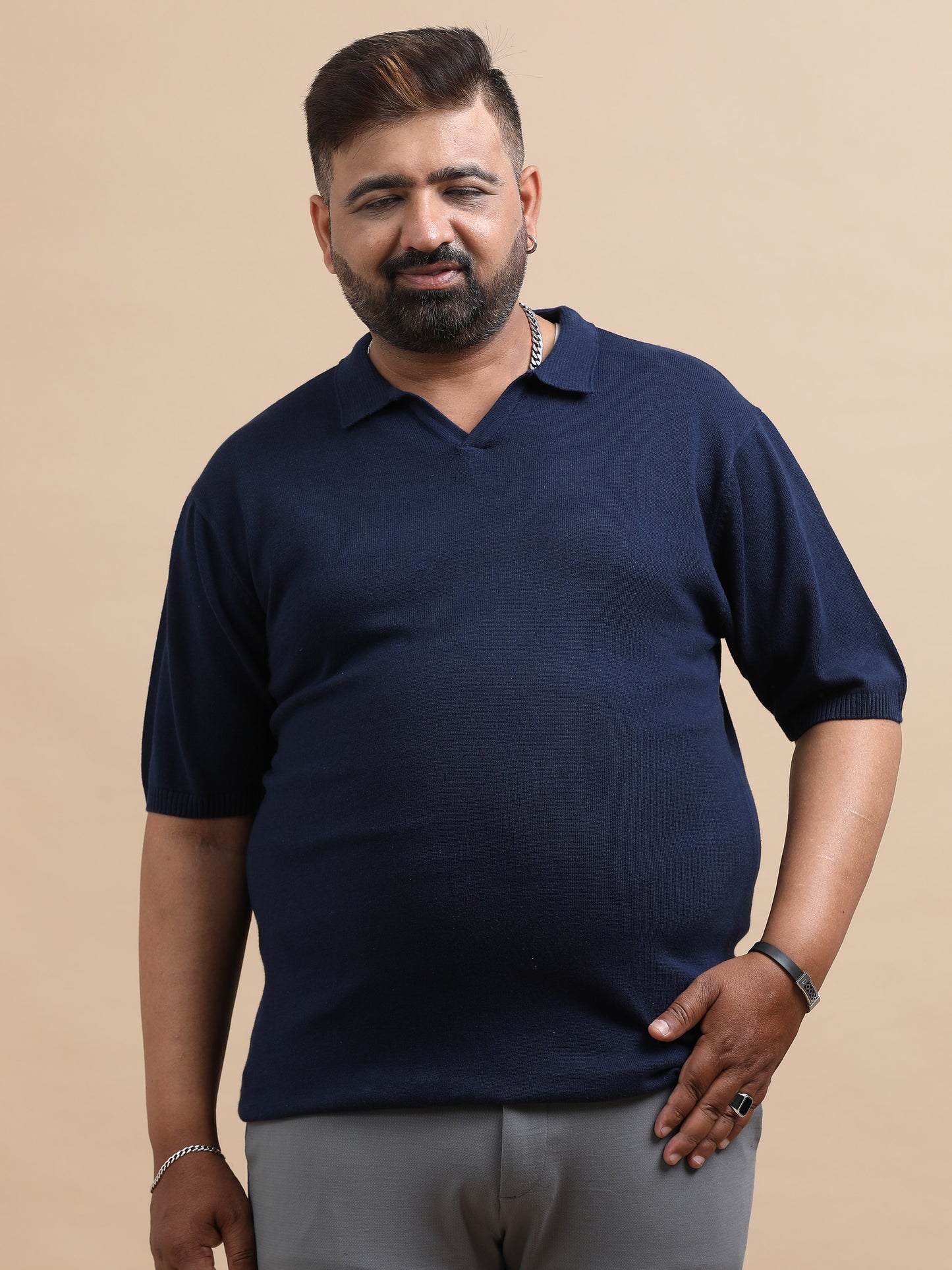 Navy Blue Knitted Half Sleeve Cotton Polo T-Shirt