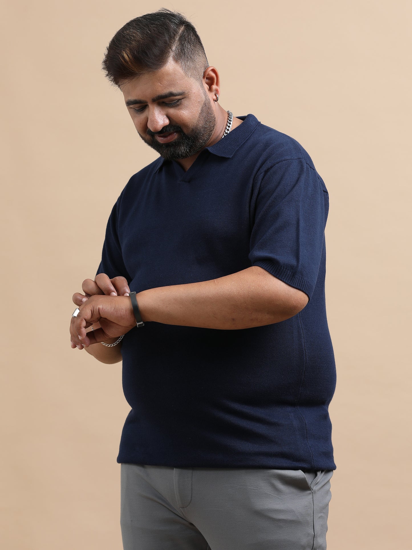 Navy Blue Knitted Half Sleeve Cotton Polo T-Shirt