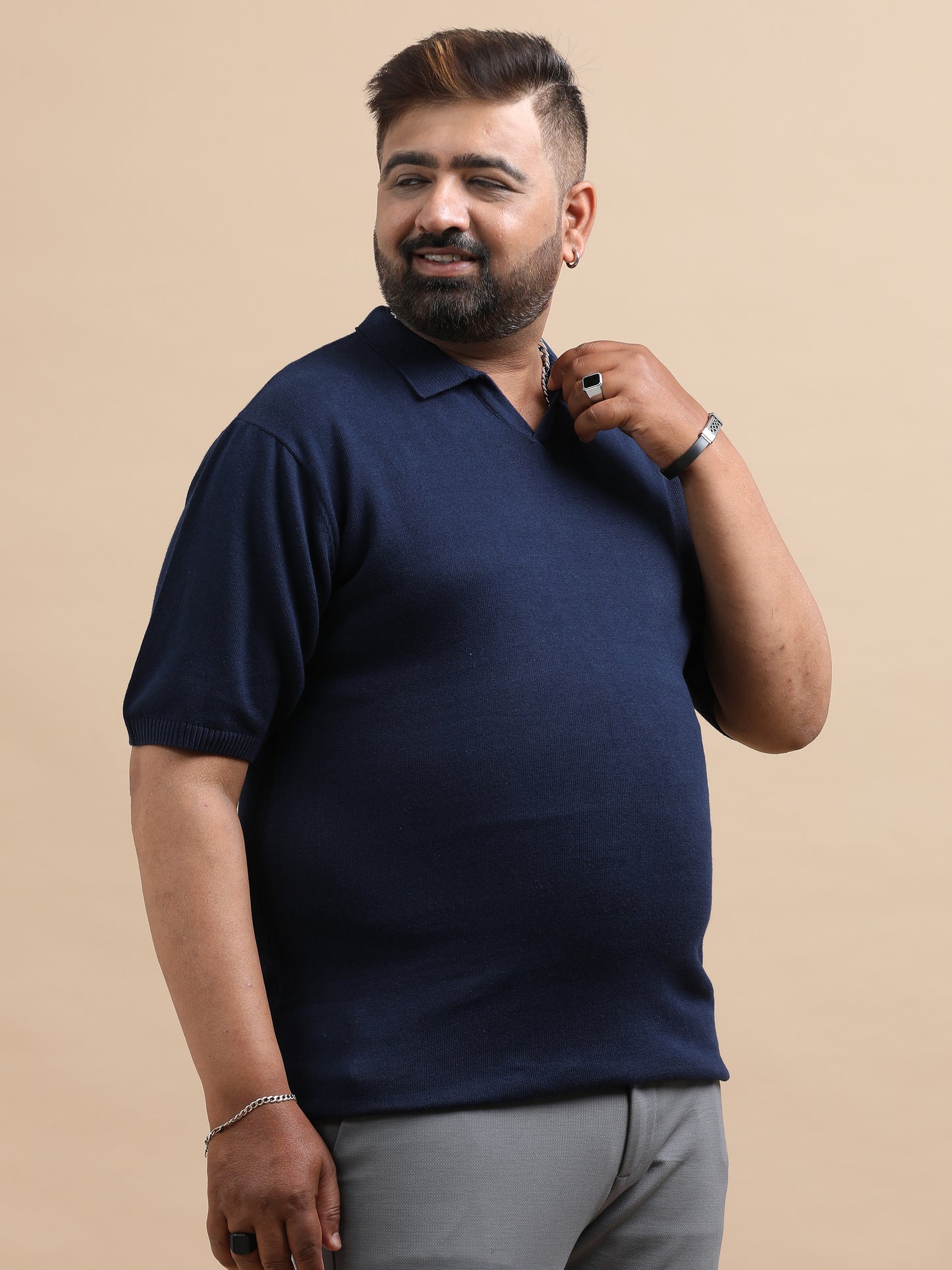 Navy Blue Knitted Half Sleeve Cotton Polo T-Shirt