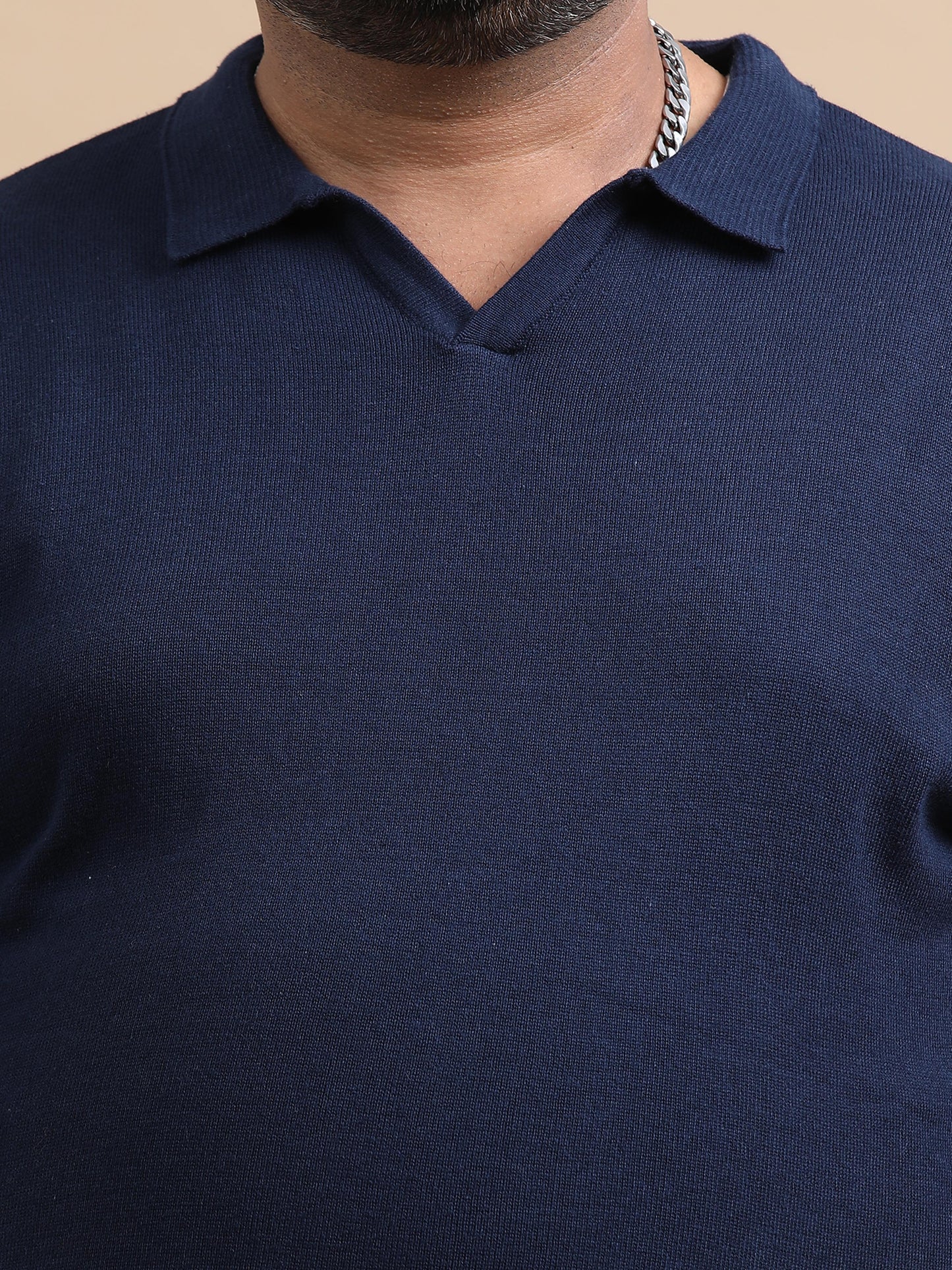 Navy Blue Knitted Half Sleeve Cotton Polo T-Shirt
