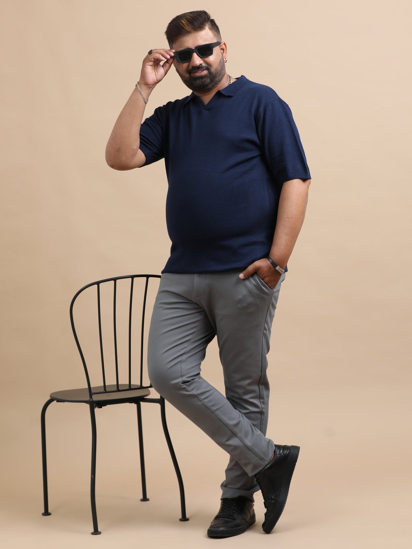 Navy Blue Knitted Half Sleeve Cotton Polo T-Shirt