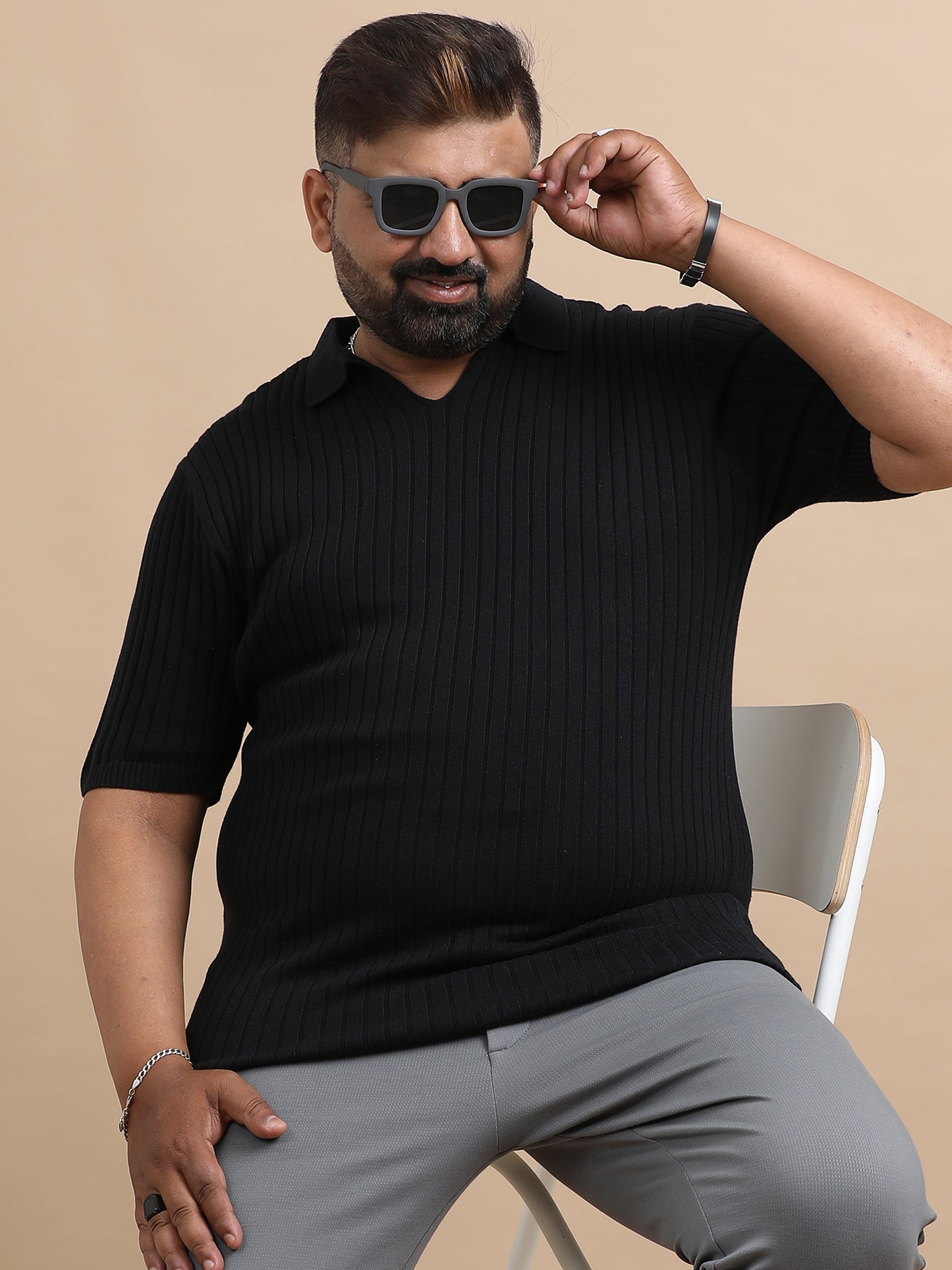 Black Knitted Half Sleeve Cotton Polo T-Shirt