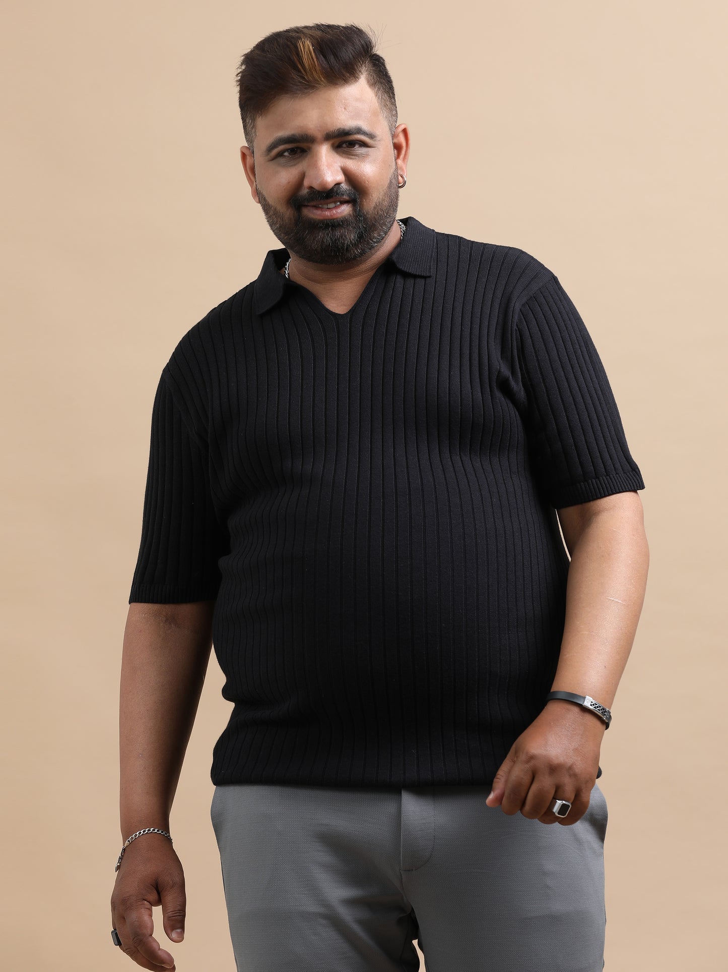 Black Knitted Half Sleeve Cotton Polo T-Shirt
