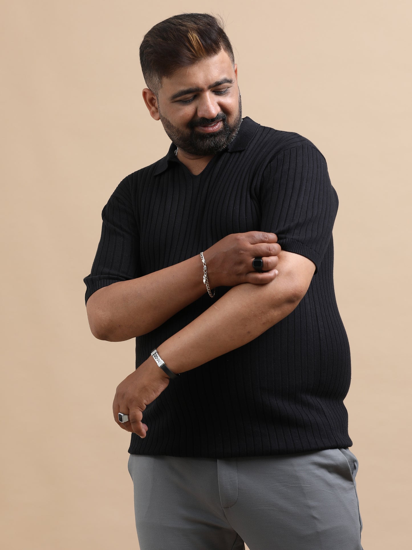 Black Knitted Half Sleeve Cotton Polo T-Shirt