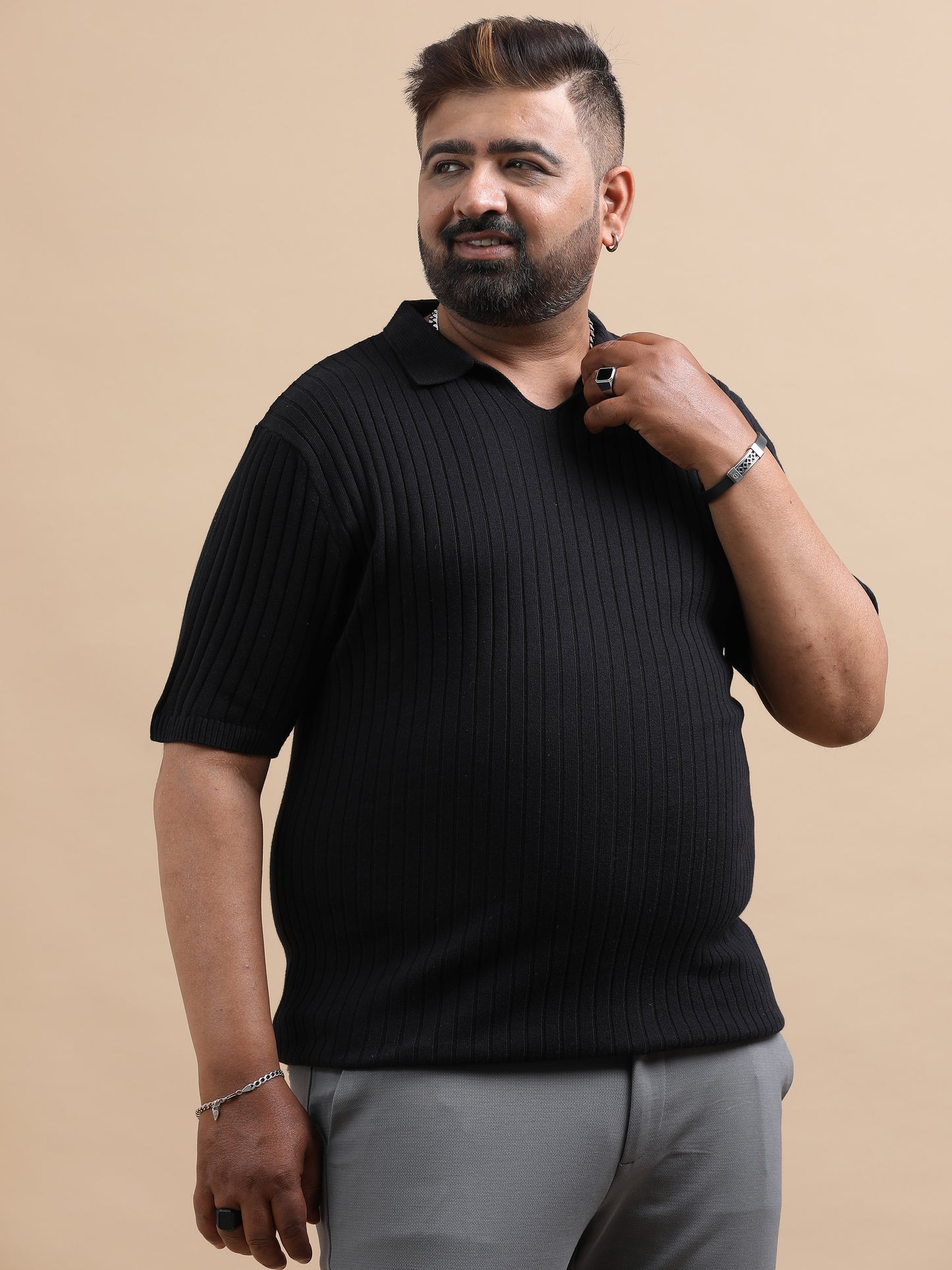 Black Knitted Half Sleeve Cotton Polo T-Shirt
