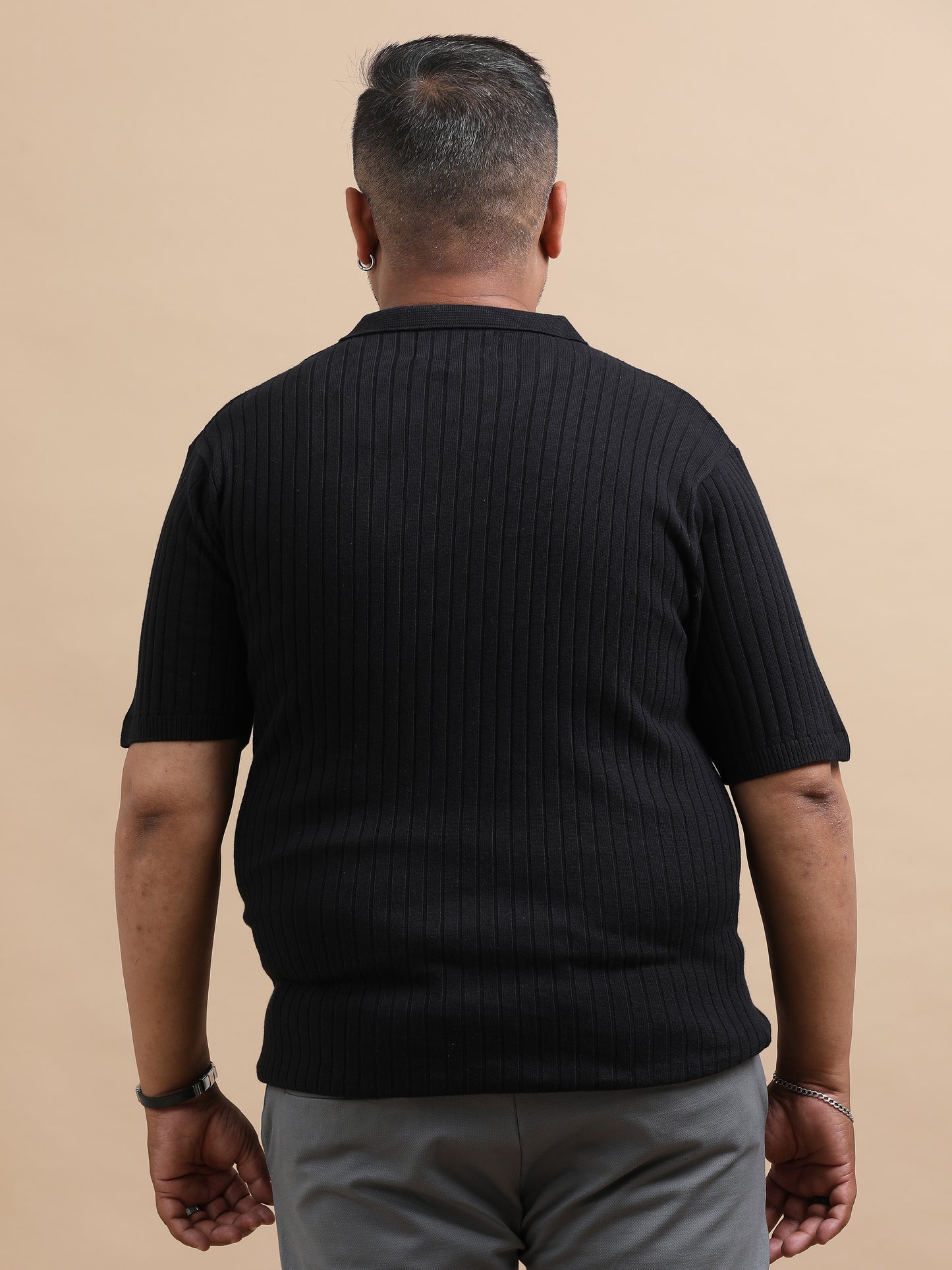Black Knitted Half Sleeve Cotton Polo T-Shirt