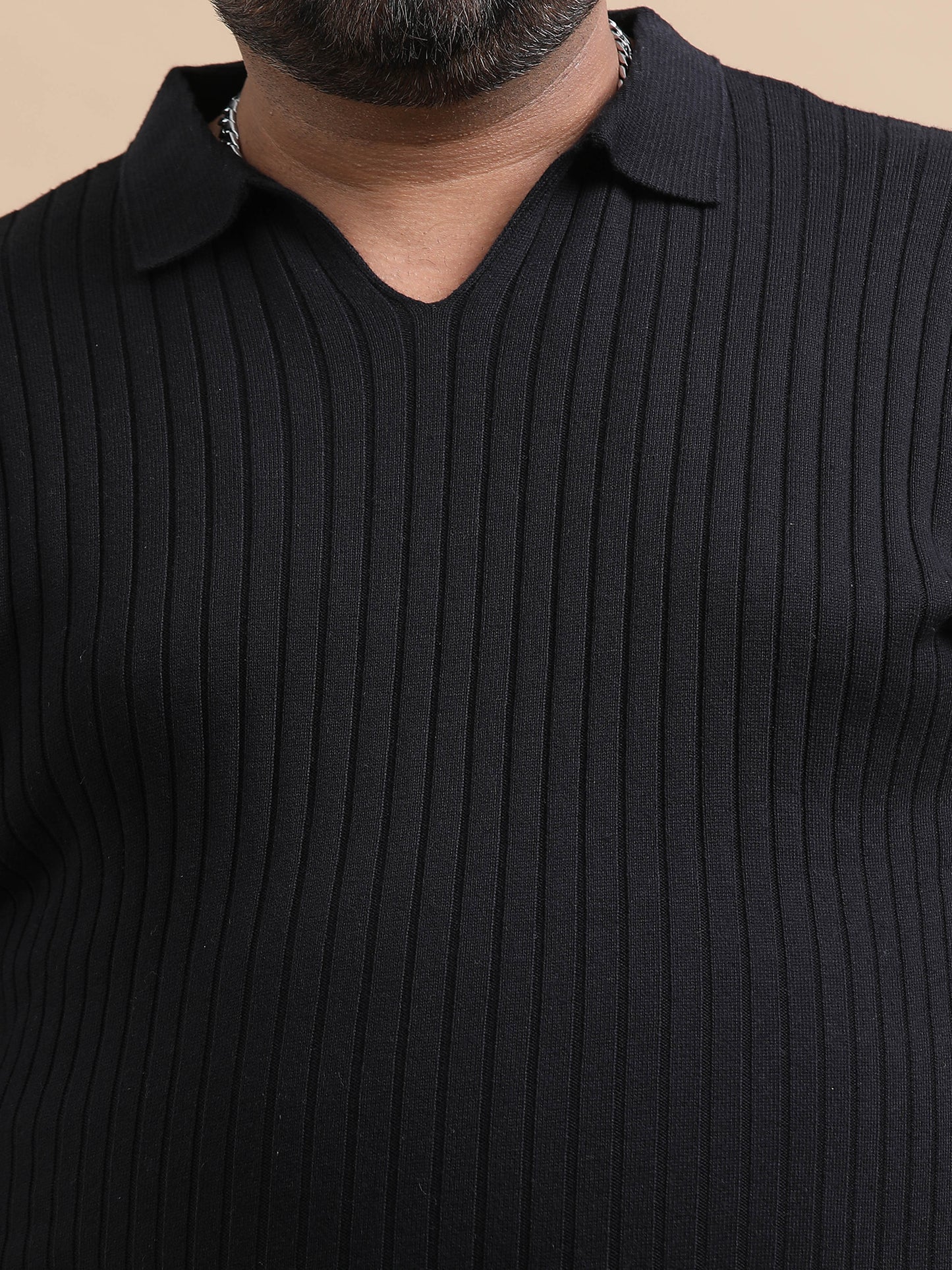 Black Knitted Half Sleeve Cotton Polo T-Shirt