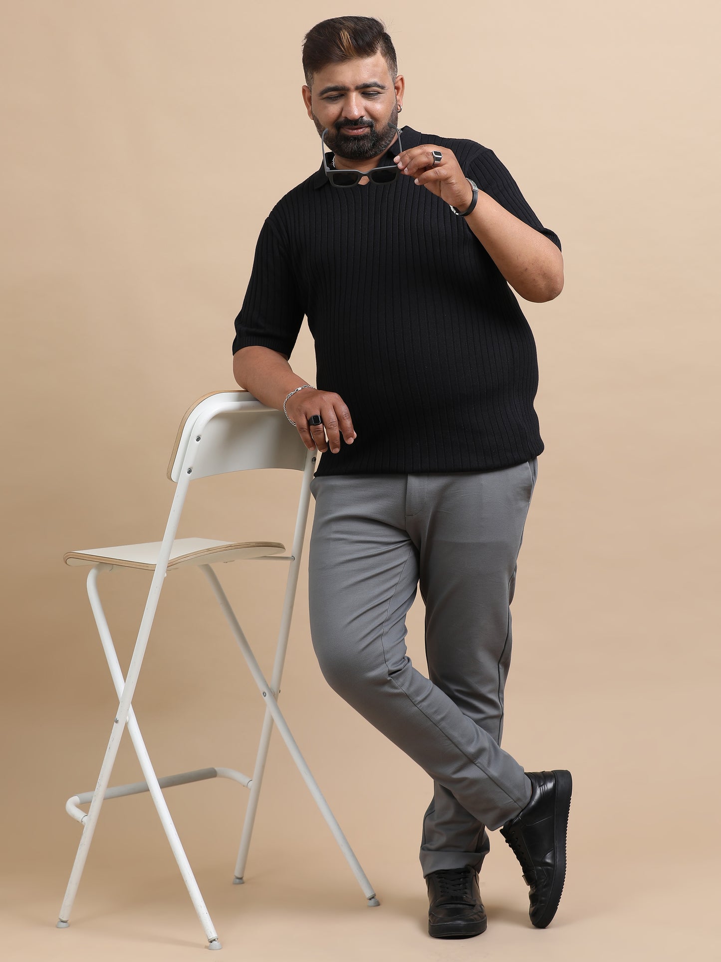 Black Knitted Half Sleeve Cotton Polo T-Shirt
