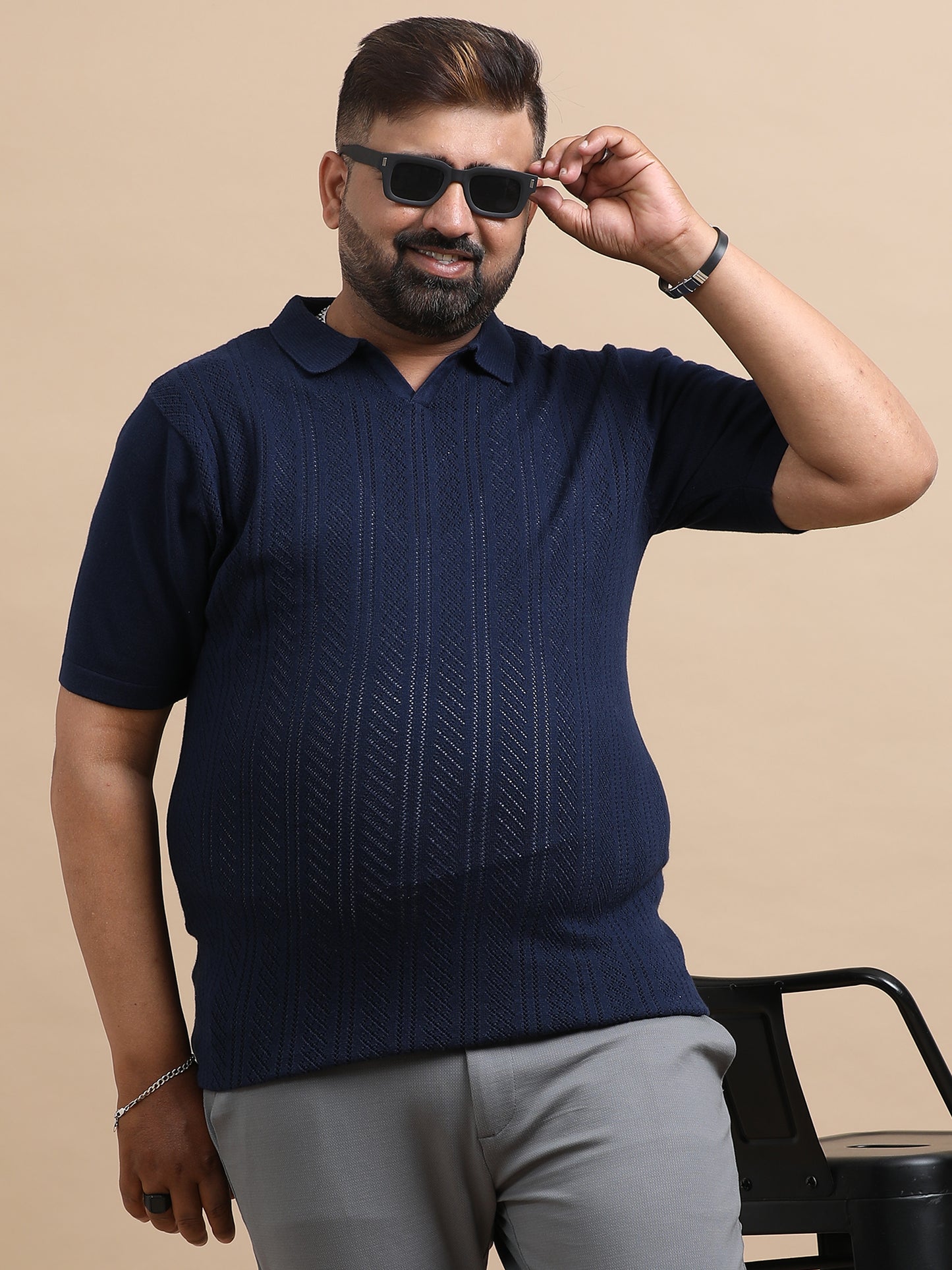 Navy Knitted Half Sleeve Cotton Polo T-Shirts