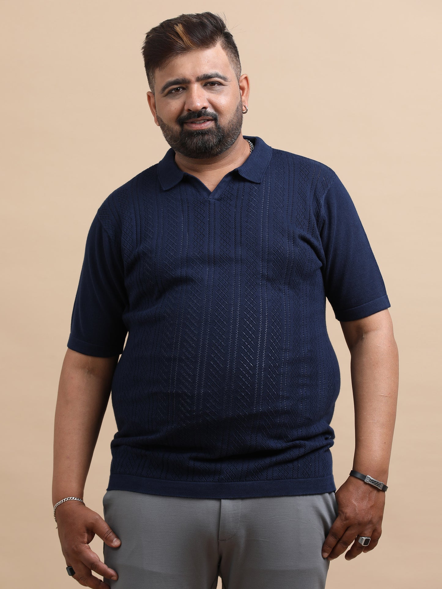 Navy Knitted Half Sleeve Cotton Polo T-Shirts