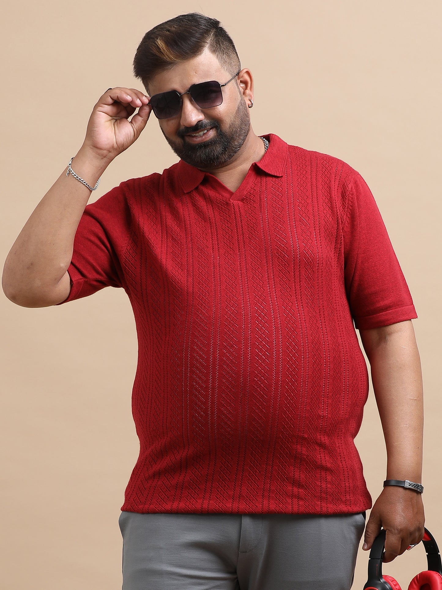 Red Knitted Half Sleeve Cotton Polo T-Shirts