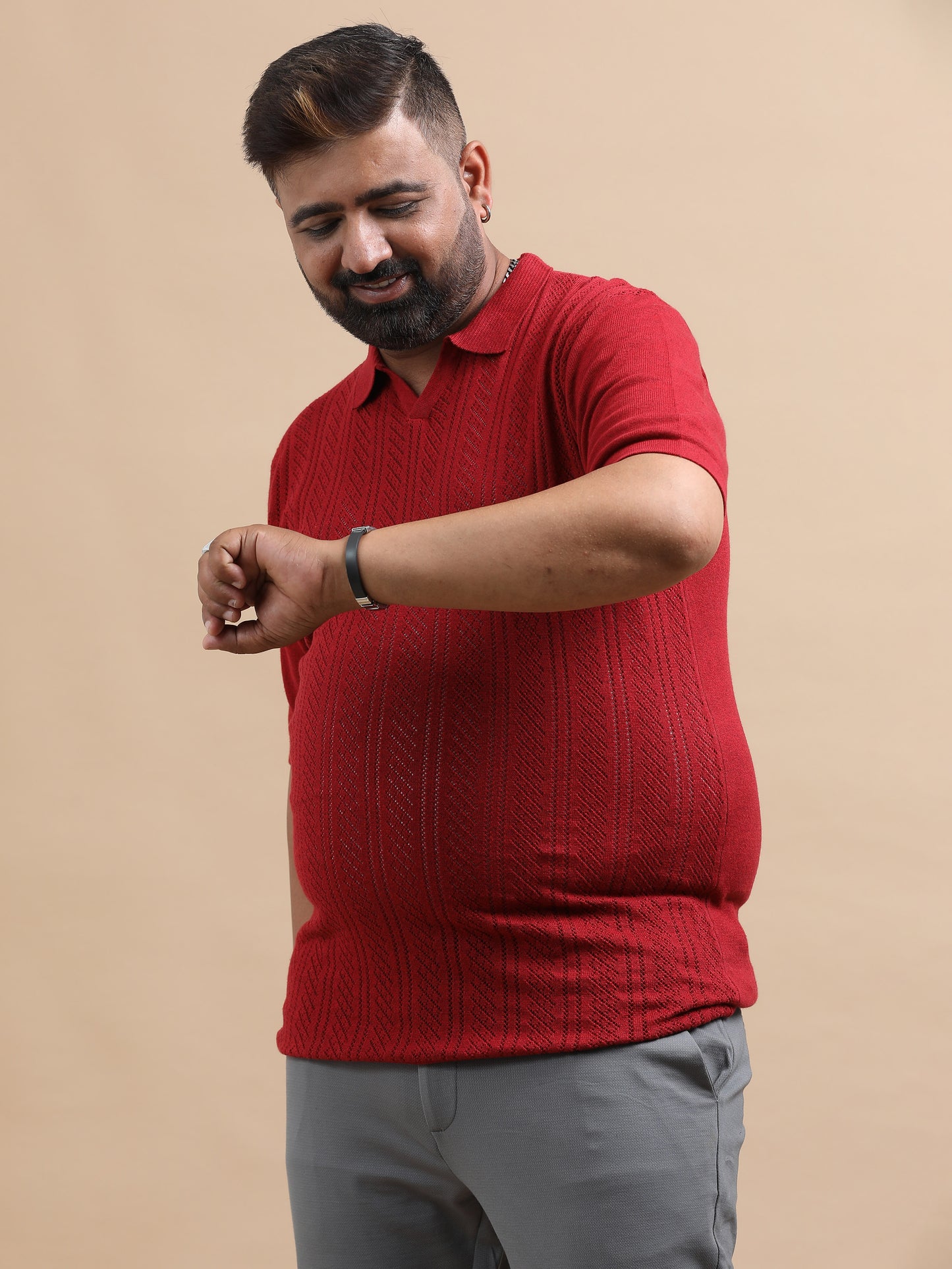 Red Knitted Half Sleeve Cotton Polo T-Shirts