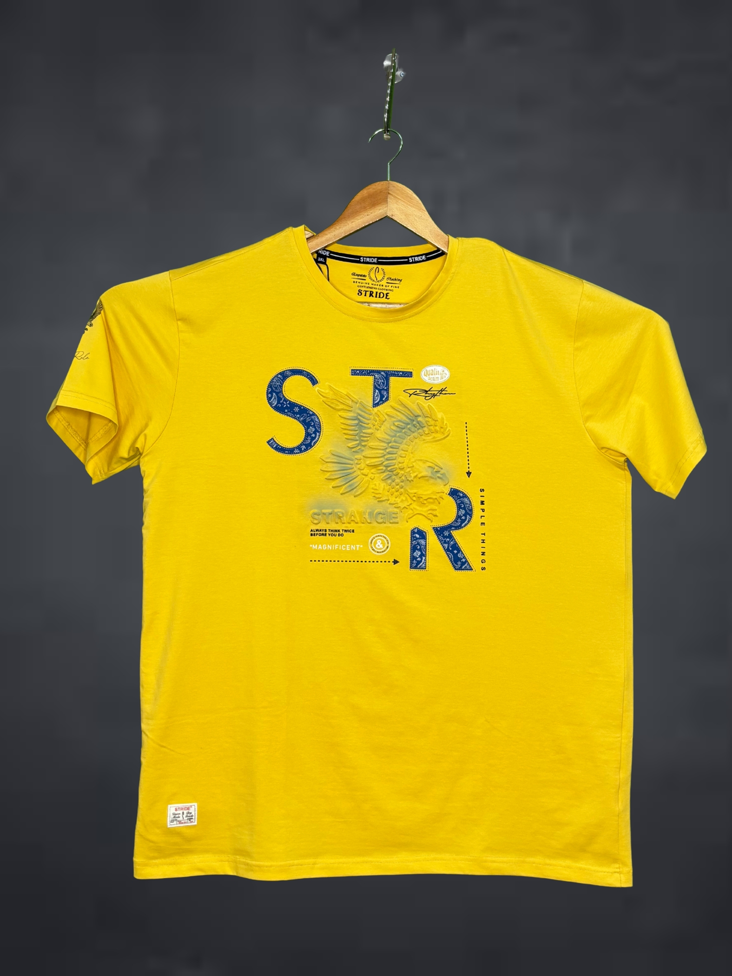 Stride Men's Premium T-Shirt|Yellow t-shirt with blue and white graphic design