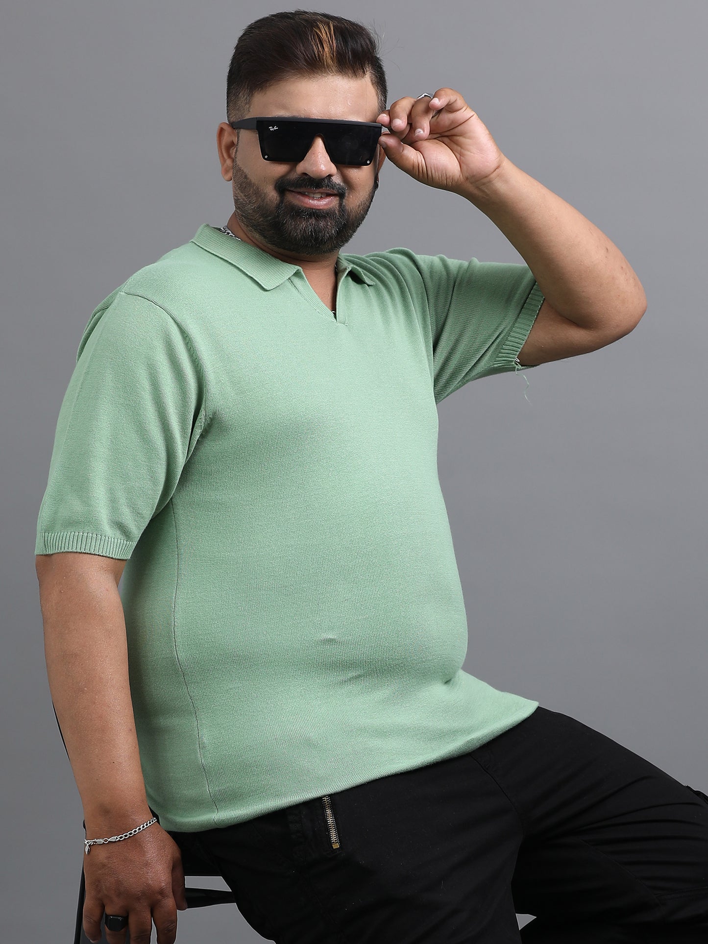 Light Green Knitted Half Sleeve Cotton Polo T-Shirt