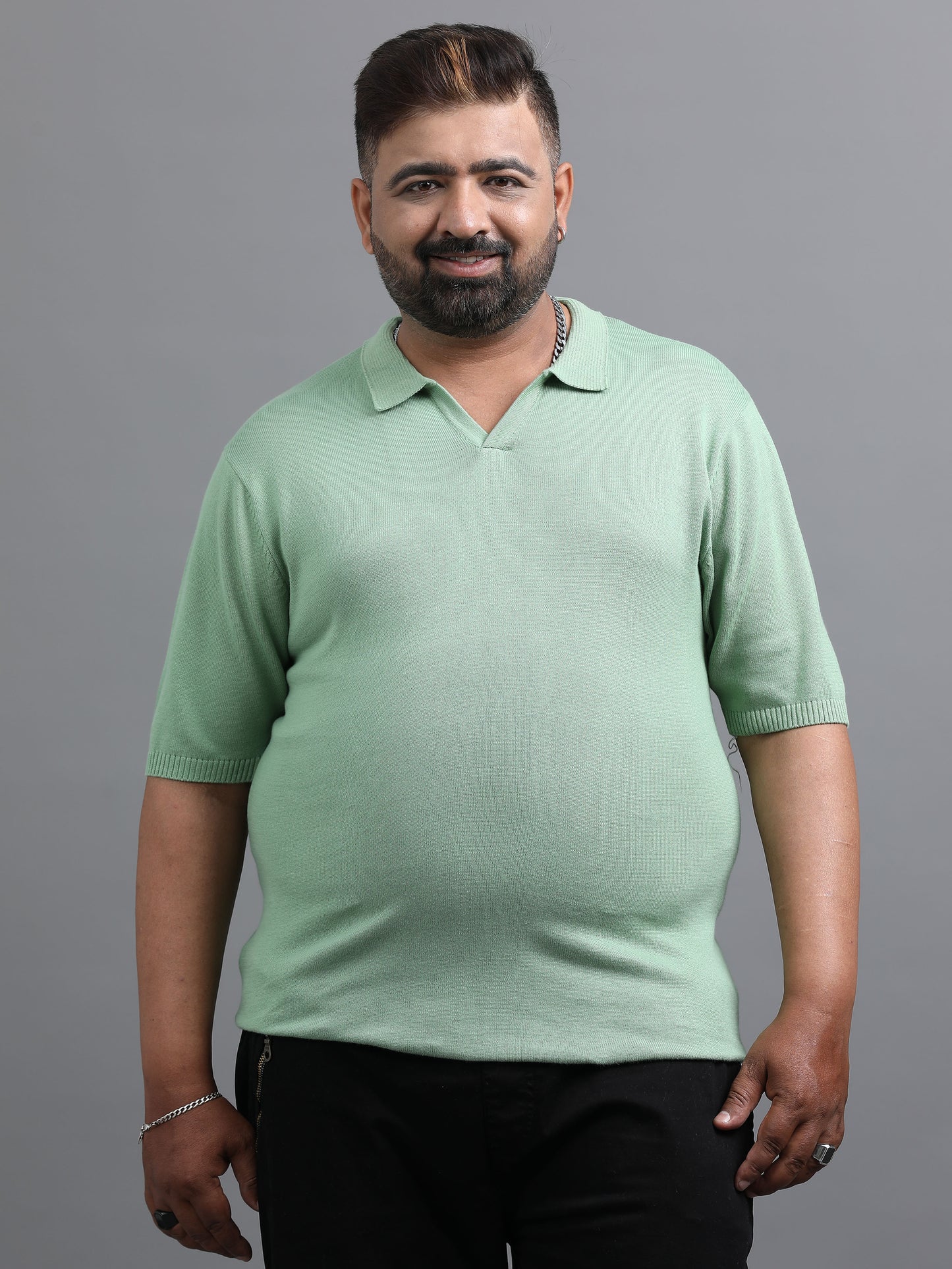 Light Green Knitted Half Sleeve Cotton Polo T-Shirt