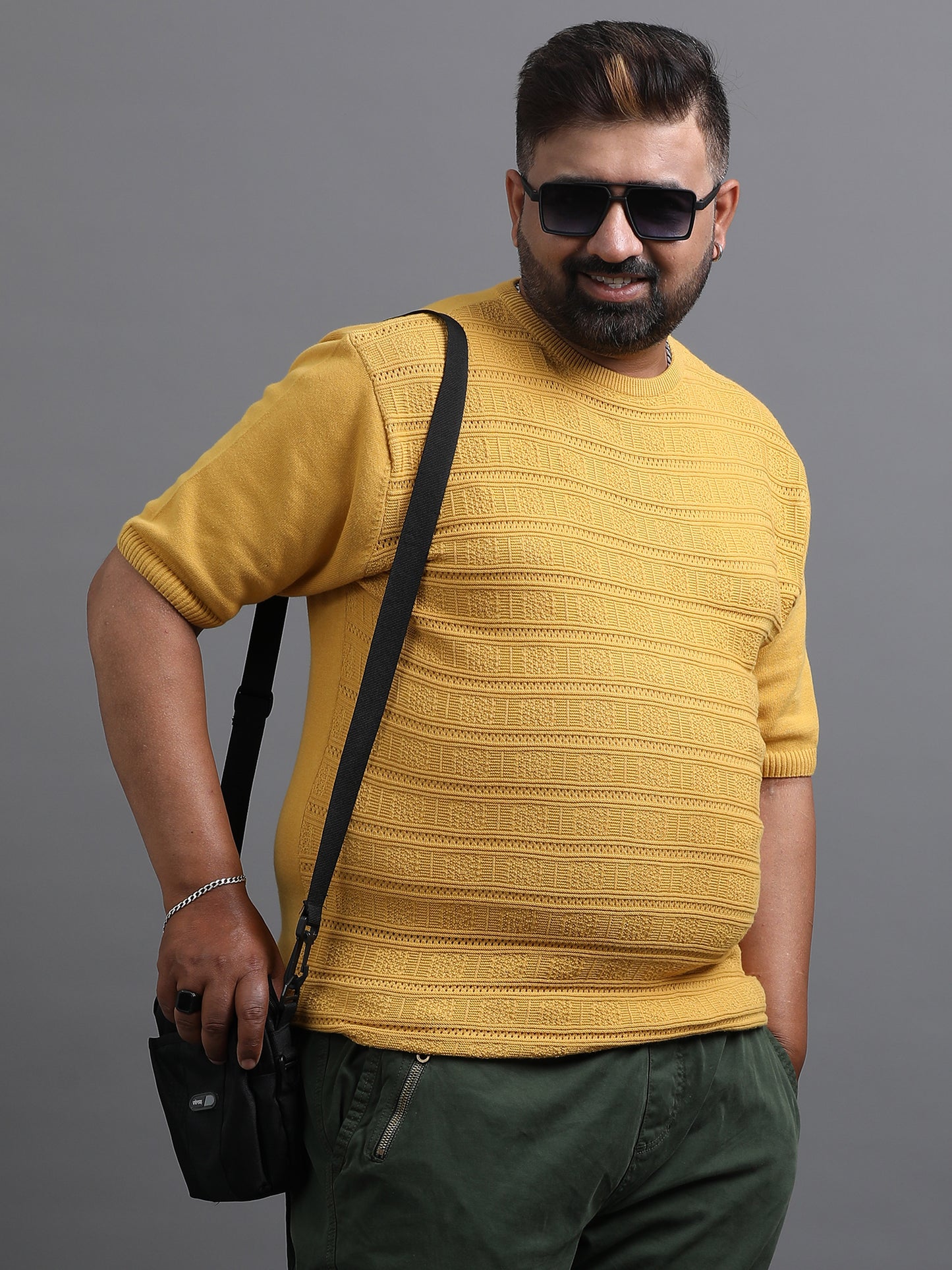 Yellow Stripe Knitted Half Sleeve Cotton T-Shirts