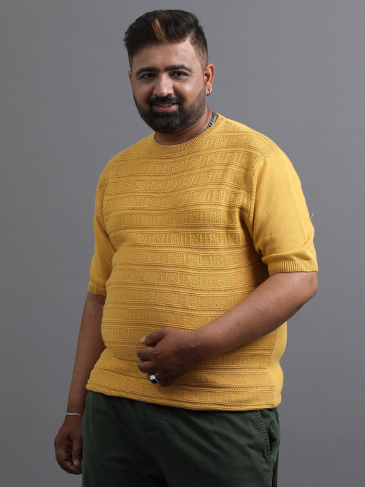 Yellow Stripe Knitted Half Sleeve Cotton T-Shirts