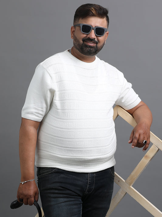 White Stripe Knitted Half Sleeve Cotton T-Shirts