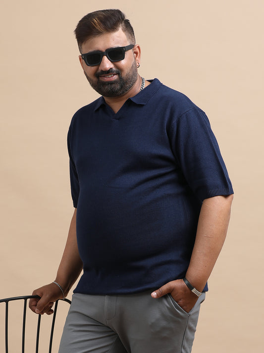 Navy Blue Knitted Half Sleeve Cotton Polo T-Shirt