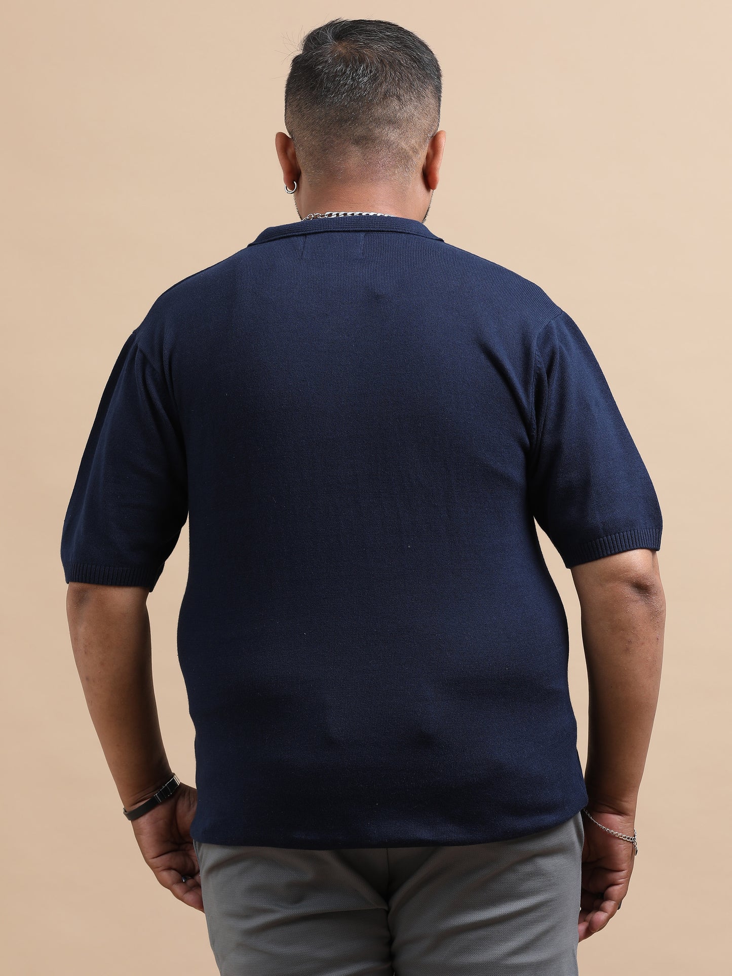 Navy Blue Knitted Half Sleeve Cotton Polo T-Shirt