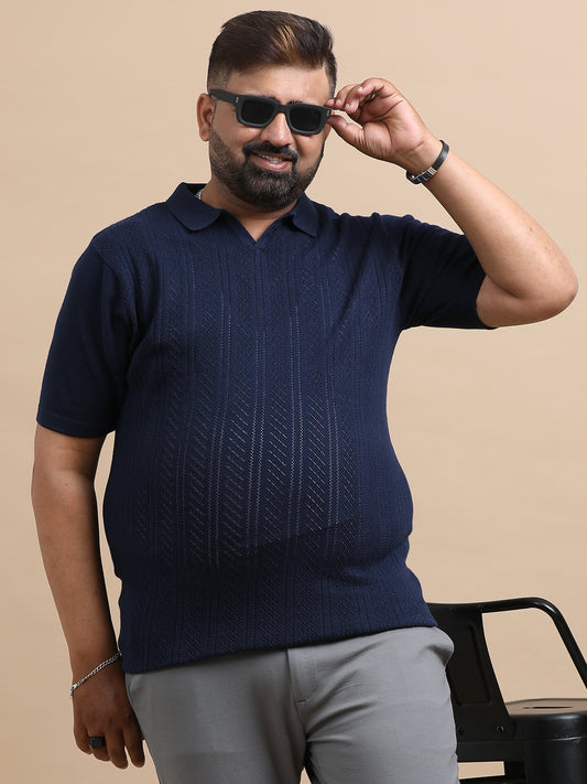 Navy Knitted Half Sleeve Cotton Polo T-Shirts