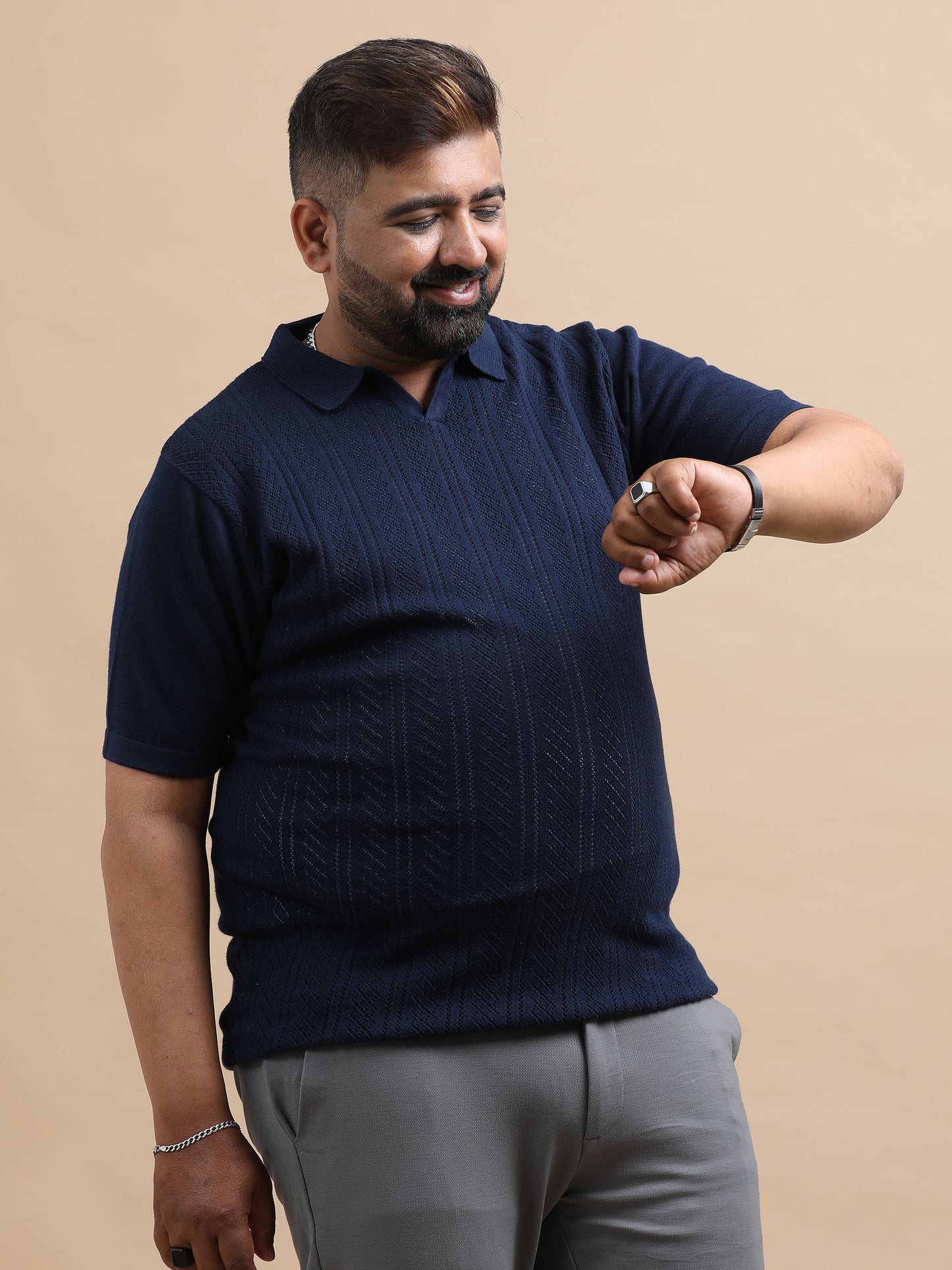 Navy Knitted Half Sleeve Cotton Polo T-Shirts
