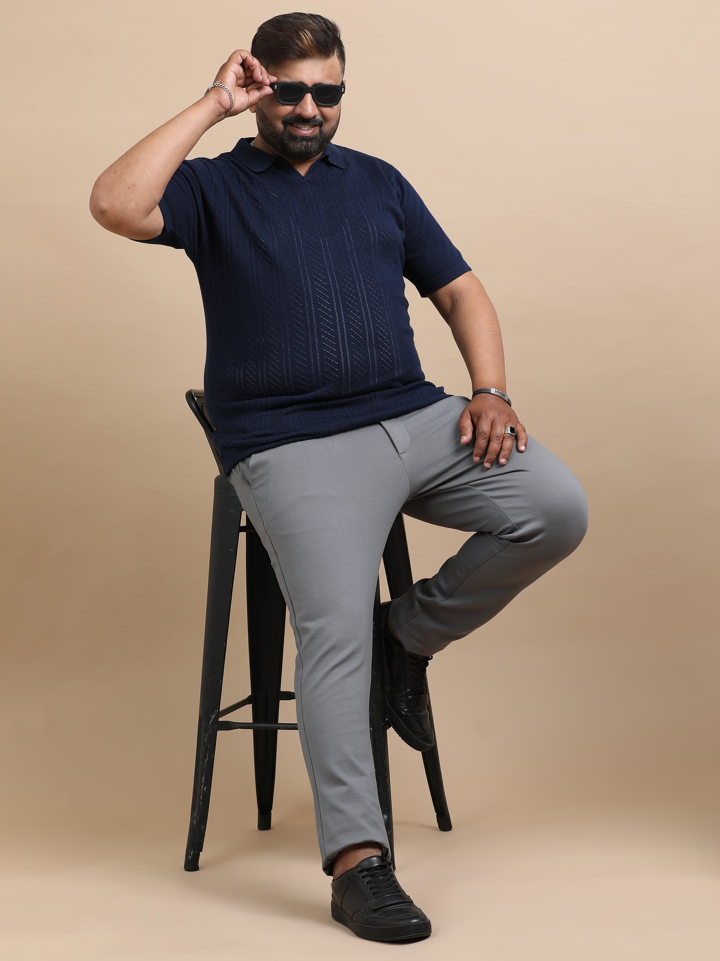 Navy Knitted Half Sleeve Cotton Polo T-Shirts