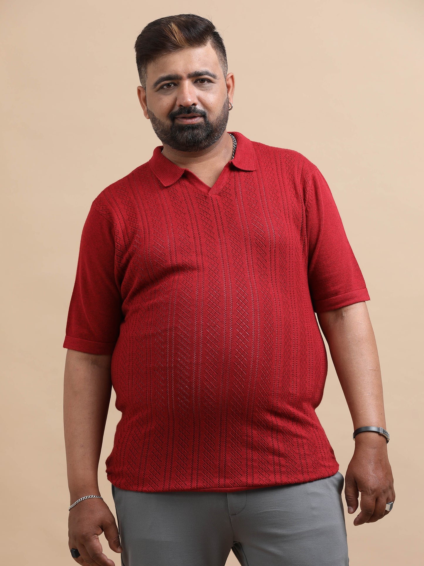 Red Knitted Half Sleeve Cotton Polo T-Shirts